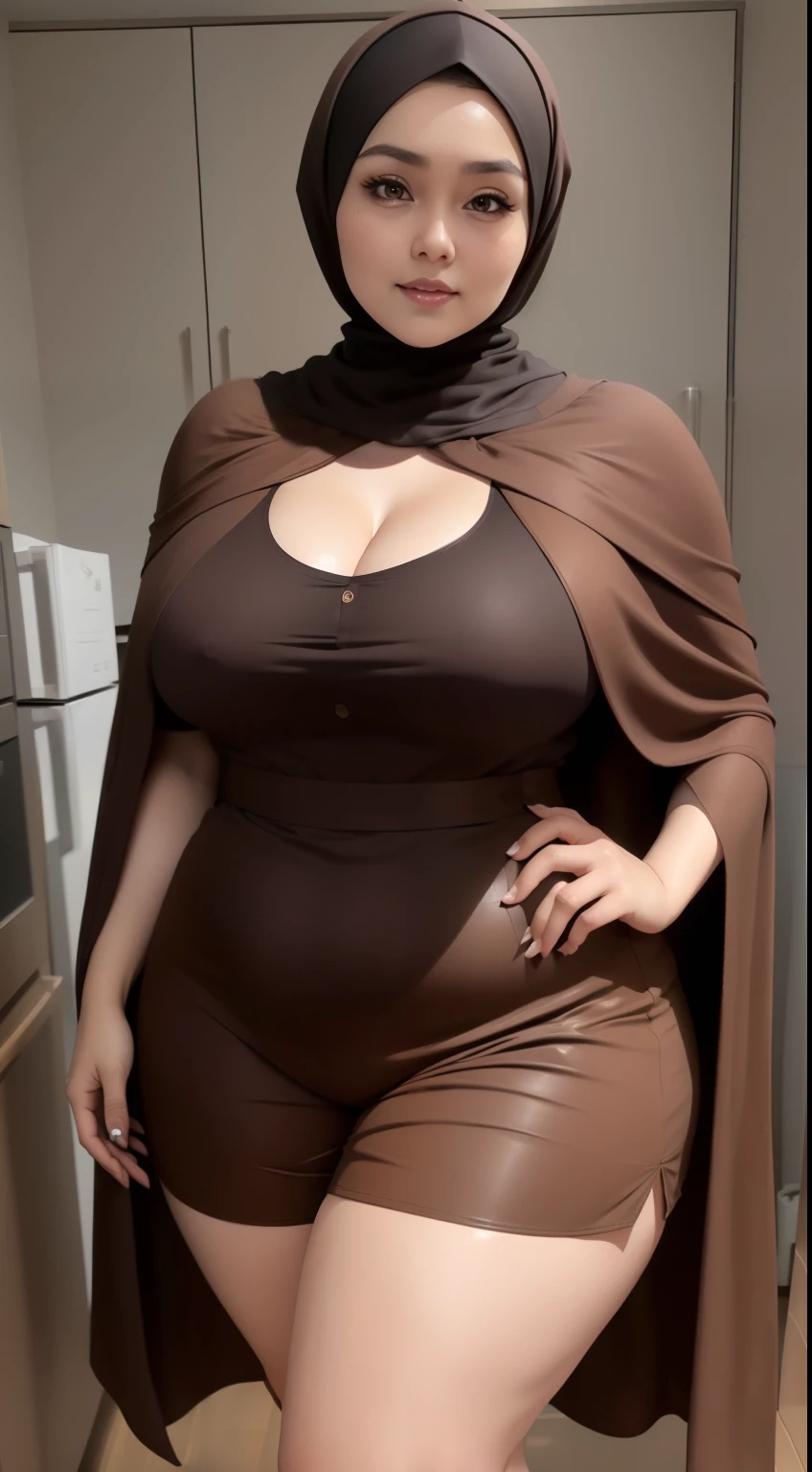 woman in brown dress and shorts hairstyle posing of the dark room, wearing brown clothes and cape, hijab outfit, with a long brown cape, hijab fashion model, plus size, plus size woman, wearing brown robe, woman in brown robes, beautiful burqa's woman, thicc, brown outfit,, wearing a brown robe, brown , with cape, bbwchan, large cleavage, very large cleavage, massive cleavage , wearing a sneakers, 35 years old woman, asian women , short hair ,iremuzi tattooed all over body, iremuzi tattooed thighs, iremuzi tattooed hands , iremuzi tattooed chest 