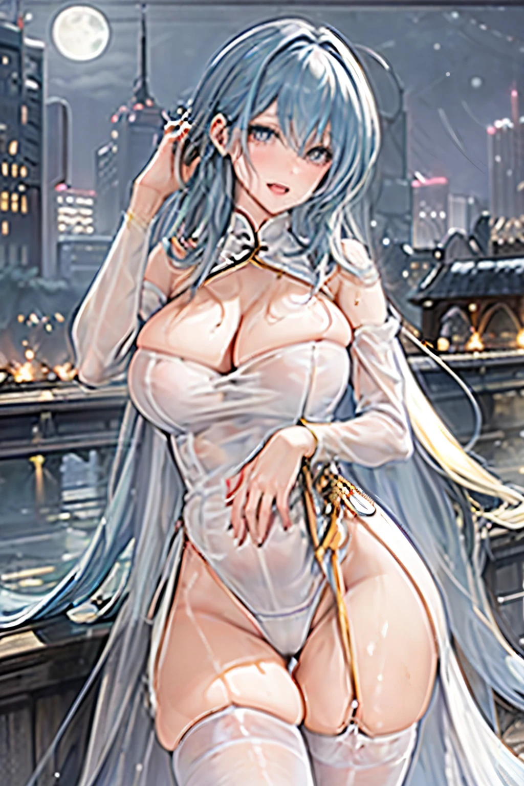 formula art, masterpiece, sharp focus, (Beautiful, gorgeous and cute European angel: 1.3), (beautiful and cute chinese: 1.3), bright blonde hair woman, wearing a bikini, thongs and jumpsuits, There are many beautiful tattoos on the upper body, huge breasts, plump hips, thin and delicate waist with beautiful hair reaching the ground, spreading hands, the whole person floats in the air, look down, radiate light. Beautiful eyes and face, realistic, Super detailed, beautiful girl, Fine drizzle, wet clothes, shining white particles, (side light: 1.2), night starry sky, detailed starry sky and moon, thin, cute big tits and huge ass, Smile without showing your teeth ((Laughing with Eyes Open)), landscape, long straight hair, sexy look, Luxurious auditorium in the background, Wet clothes cling to the curves of your body, (cityscape:1.7), dynamic hair, long straight hair, delicate colored hair, Glowing heterochromic pupils, black stockings, white skin, hair accessory, epic landscapes, collars and hair accessory, Hair is especially long