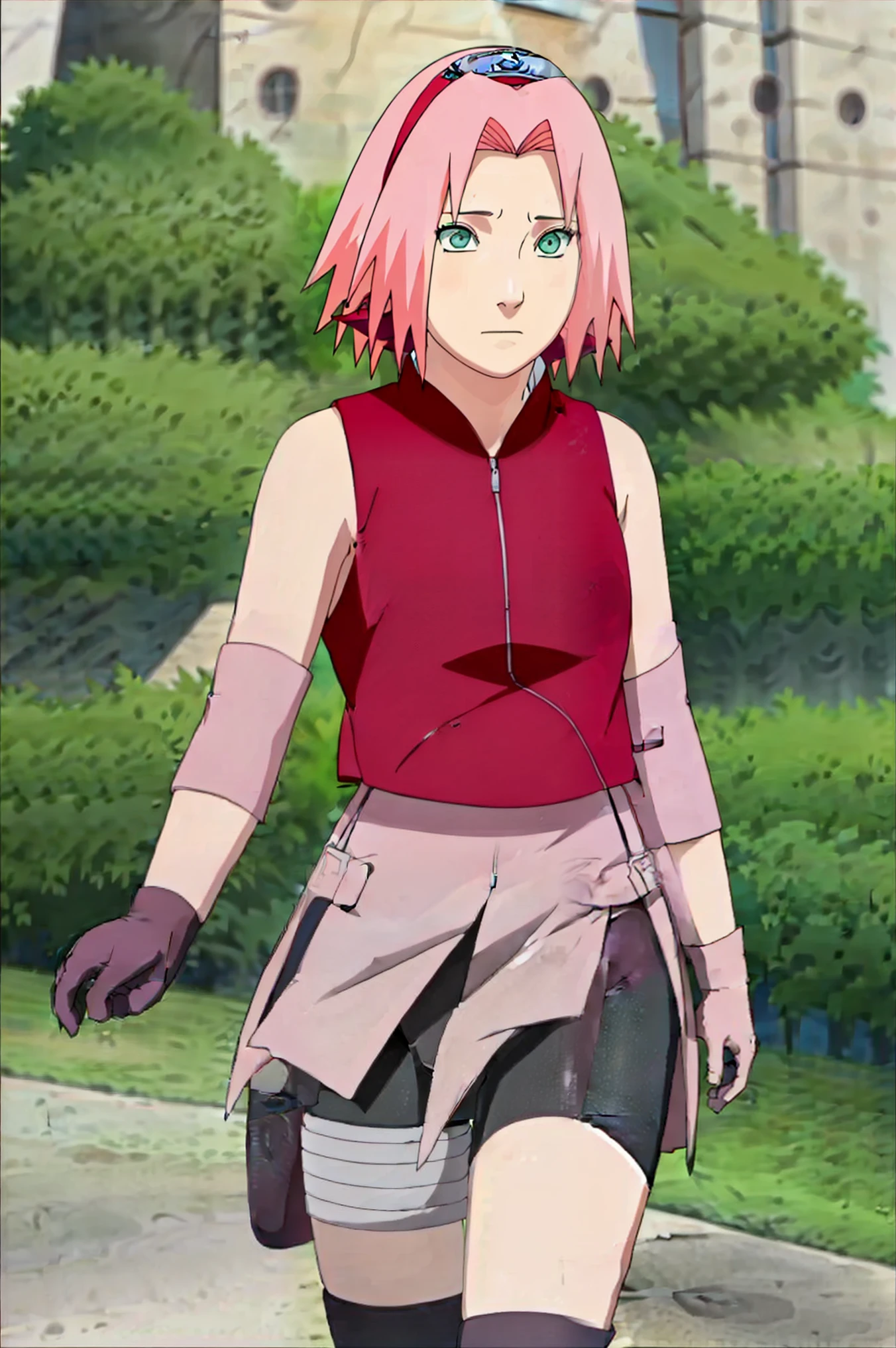 High-quality, ultra-detailed, realistic artwork of a scene from "Sakura Shippuden" with vivid colors, perfect for 4K or 8K resolutions. The scene depicts Sakura Haruno, a young woman, standing gracefully in a garden surrounded by blooming sakura (cherry blossom) trees. She is wearing a red jacket embroidered with the symbol of Konohagakure, the Hidden Leaf Village. Her leg is bandaged, indicating a recent injury. Sakura is wearing a short skirt and toeless footwear, emphasizing her femininity and agility. Sakura has shoulder-length bangs that softly frame her face, revealing her beautiful, green eyes. Her face is adorned with a forehead protector, which bears the Konohagakure symbol, signifying her allegiance to her village. The artwork showcases Sakura's attention to detail, including her long eyelashes, detailed lips, and delicate features, capturing her determination and inner strength. The lighting in the scene is soft and warm, casting a gentle glow on the petals of the sakura blossoms. The vibrant colors of the cherry blossoms contrast against Sakura's black short sleeves and gloves, adding depth to the composition. The overall color scheme leans towards pastel tones, enhancing the serene and tranquil atmosphere of the garden. This masterpiece artwork aims to capture the essence of Sakura Haruno's character, portraying her as a confident, skilled kunoichi amidst the delicate beauty of the sakura garden. The attention to detail, vibrant colors, and realistic rendering will bring this scene to life, evoking the spirit of "Sakura Shippuden" in a visually stunning manner.