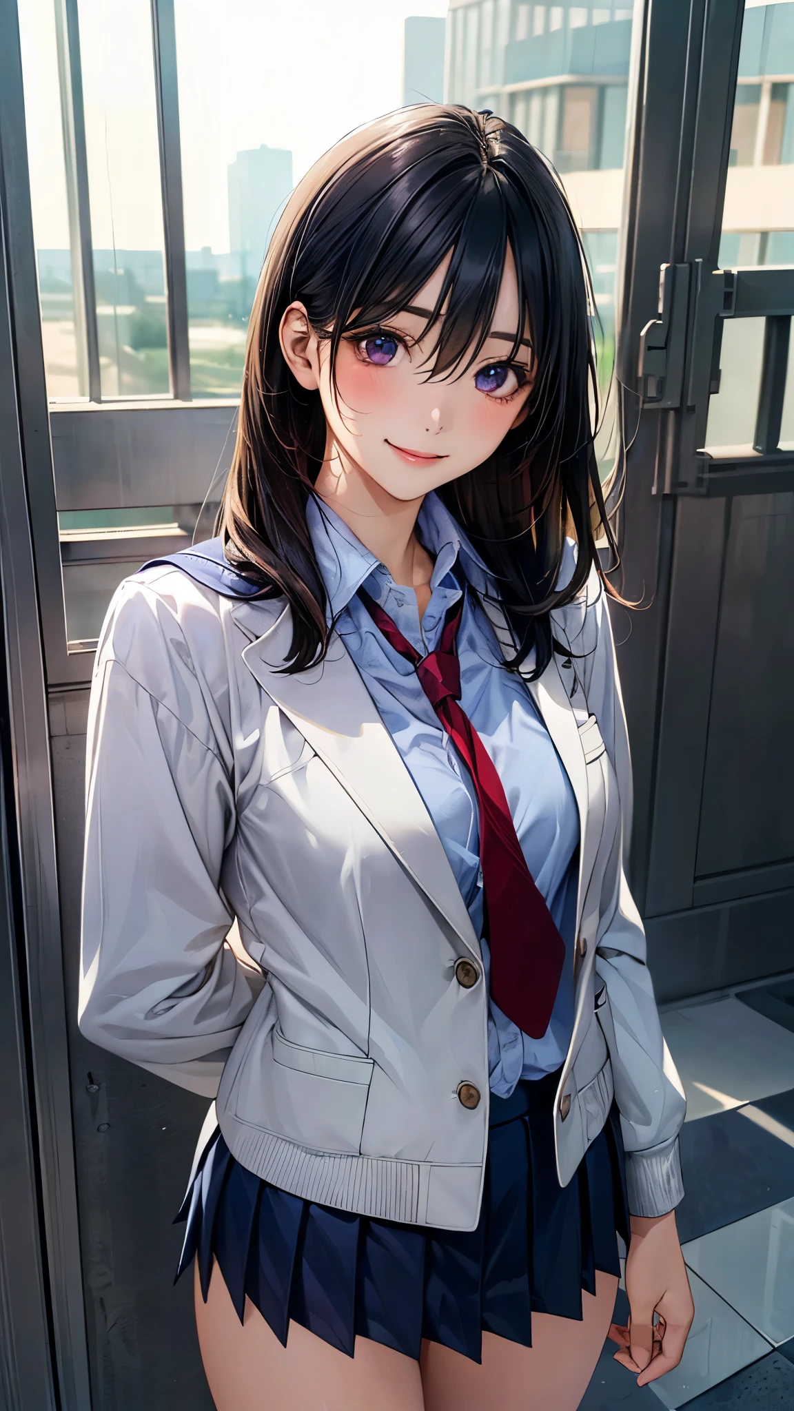 (masterpiece:1.2, top-quality), (realistic, photorealistic:1.4), beautiful illustration, (natural side lighting, movie lighting), nsfw,
looking at viewer, 1 girl, japanese, high school girl, perfect face, cute and symmetrical face, shiny skin,
(long hair:1.5, straight hair:1.4, black hair), (hair between eyes), purple eyes, big eyes, long eye lasher, (medium breasts), slender,
beautiful hair, beautiful face, beautiful detailed eyes, beautiful clavicle, beautiful body, beautiful chest, beautiful thigh, beautiful legs, beautiful fingers,
((private high school uniform, white school jacket, white collared shirts, navy pleated mini skirt), navy tie),
(beautiful scenery), evening, (school),, standing, (lovely smile, upper eyes),