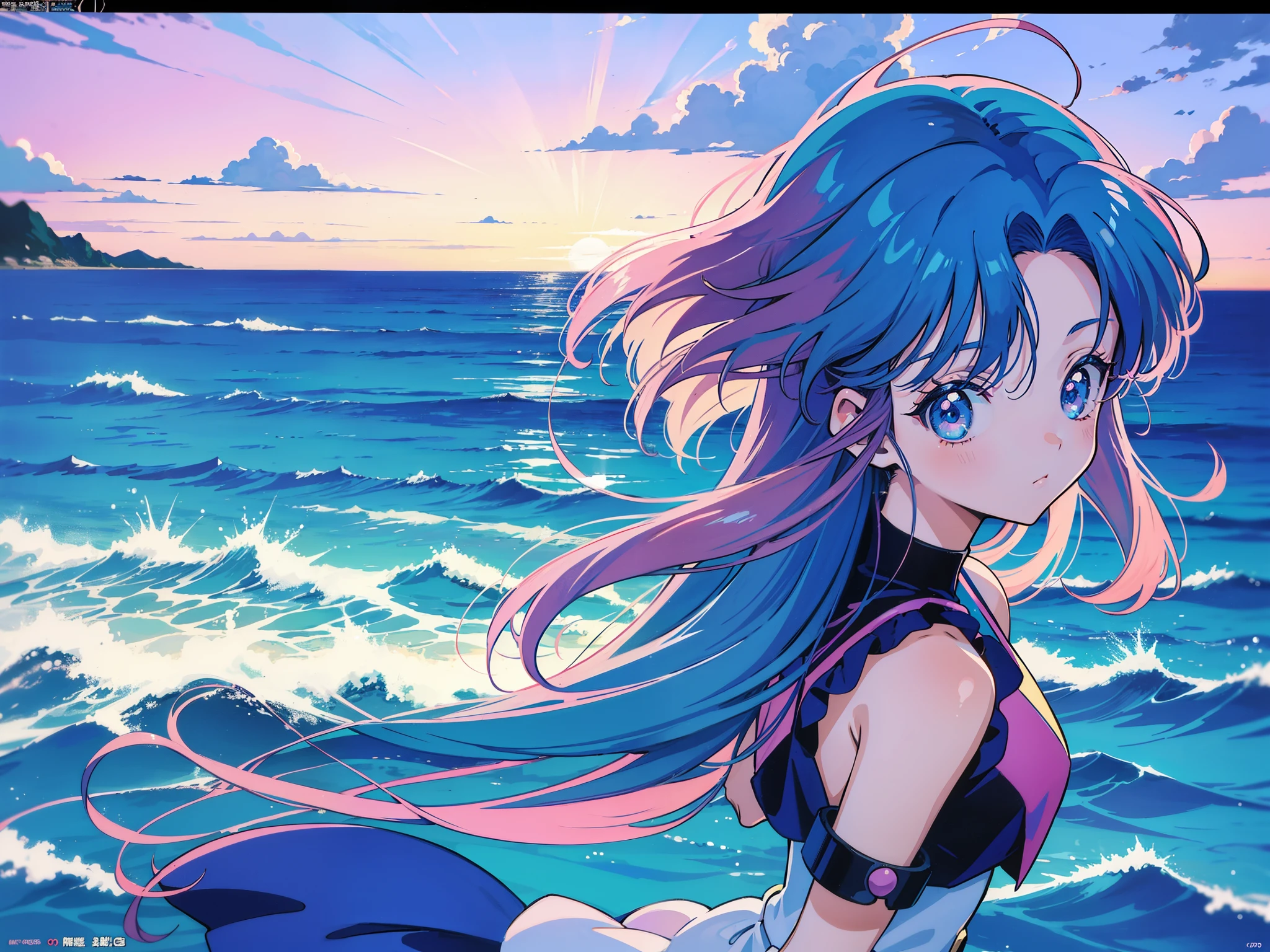 Ocean、beautiful scenery、girl、90'anime art style, 80'anime art style, In the art style of 80's anime, 9 0 s anime aesthetic, retro anime images, 90s anime style, 90s anime style, 80s anime style, 1980's anime style、poster of