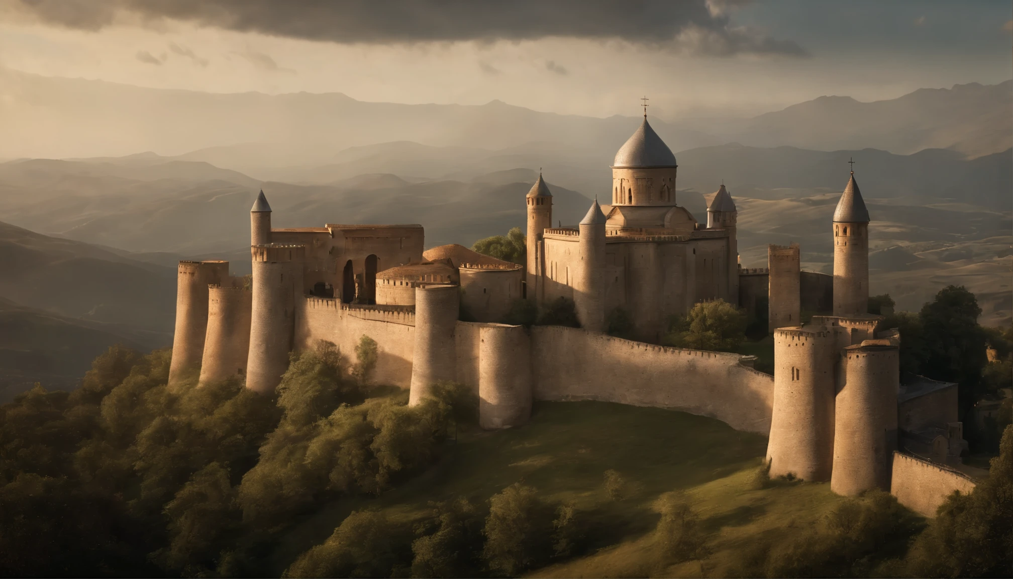 Create a realistic photo capturing the essence of the Kingdom of Georgia during the 12th century. Depict the grandeur of the architecture, the flourishing arts and culture, and the advancements in science and technology. Show the interactions between the royalty, nobility, and common people, and the overall prosperity and vibrancy of the kingdom during this period. Use historical accuracy and attention to detail to bring this pivotal time in Georgian history to life.