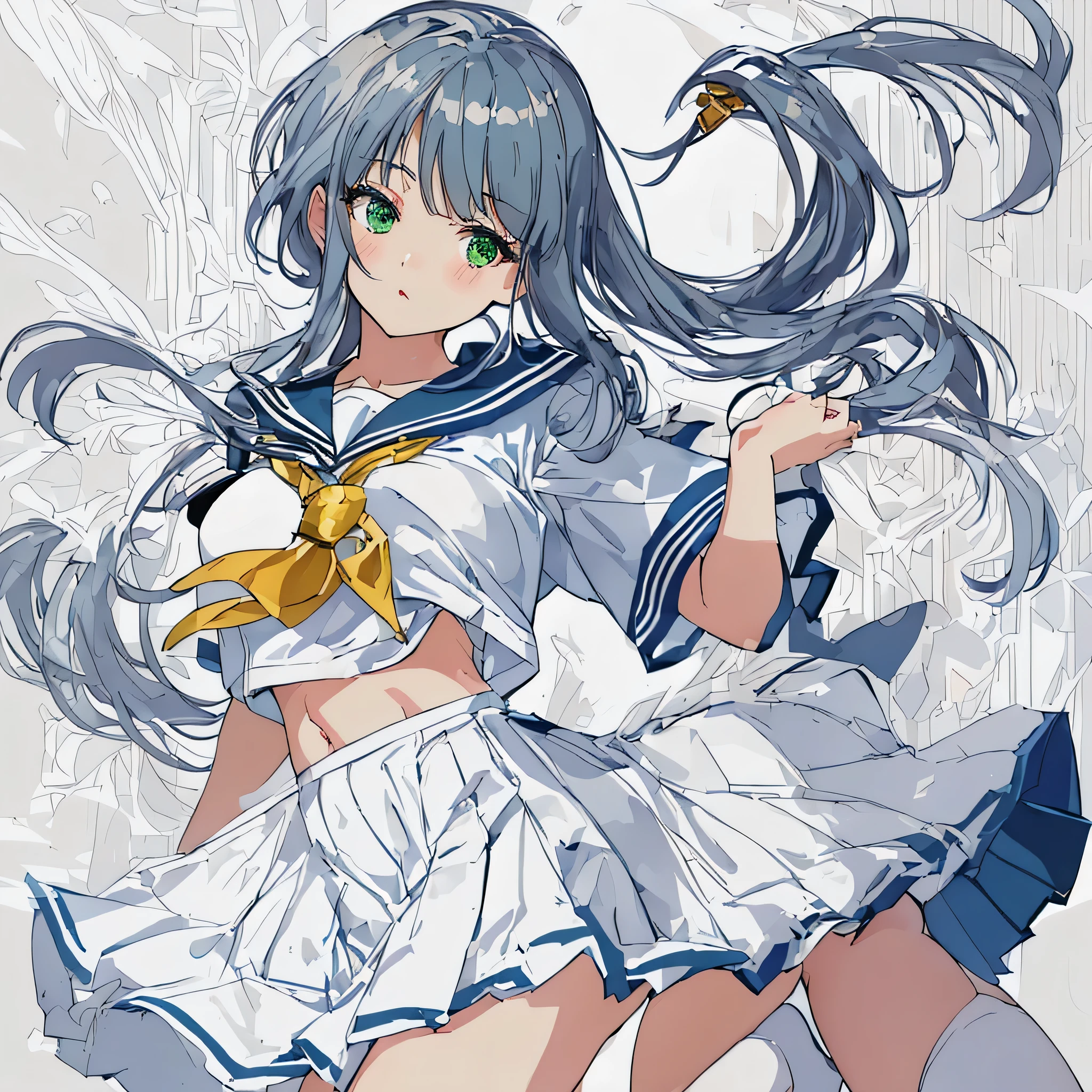 white background,masterpiece, highest quality,shape,sailor suit,slanted eyes,straight hair,silver hair,side parted,super dense skin,beautiful and detailed eyes,short sleeve shirt,green eyes,(big breasts:1.1), (A raised and well-defined bust:1.1), (lifted chest:1.2), (perky chest :1.1),high school girl,high socks,loafers,whole body