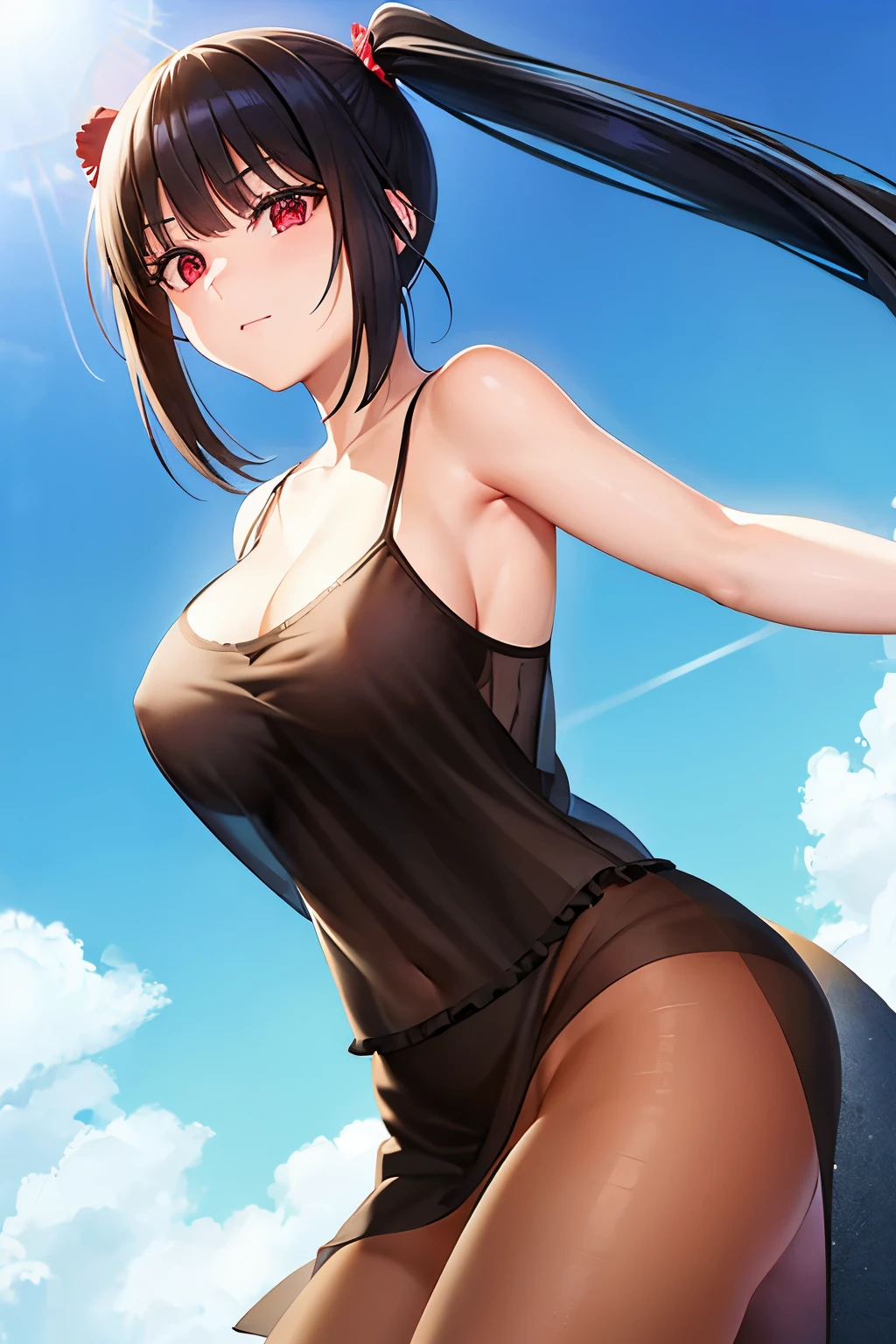 Optimal,masterpiece,High resolution,highest quality,hyper hd,Super detailed,award-winning,16k,alone,(cowboy shot)、cute face,,black hair、long hair、twin tails、 hair line,((scarlet eyes)),long eyelashes,drooping corners of the eyes,Are standing、open your legs、slender legs、white skin,((shoot from below)), ((See-through camisole:1.5)), ((transparent nipples))、rocket tits , ((big breasts:1.2)),