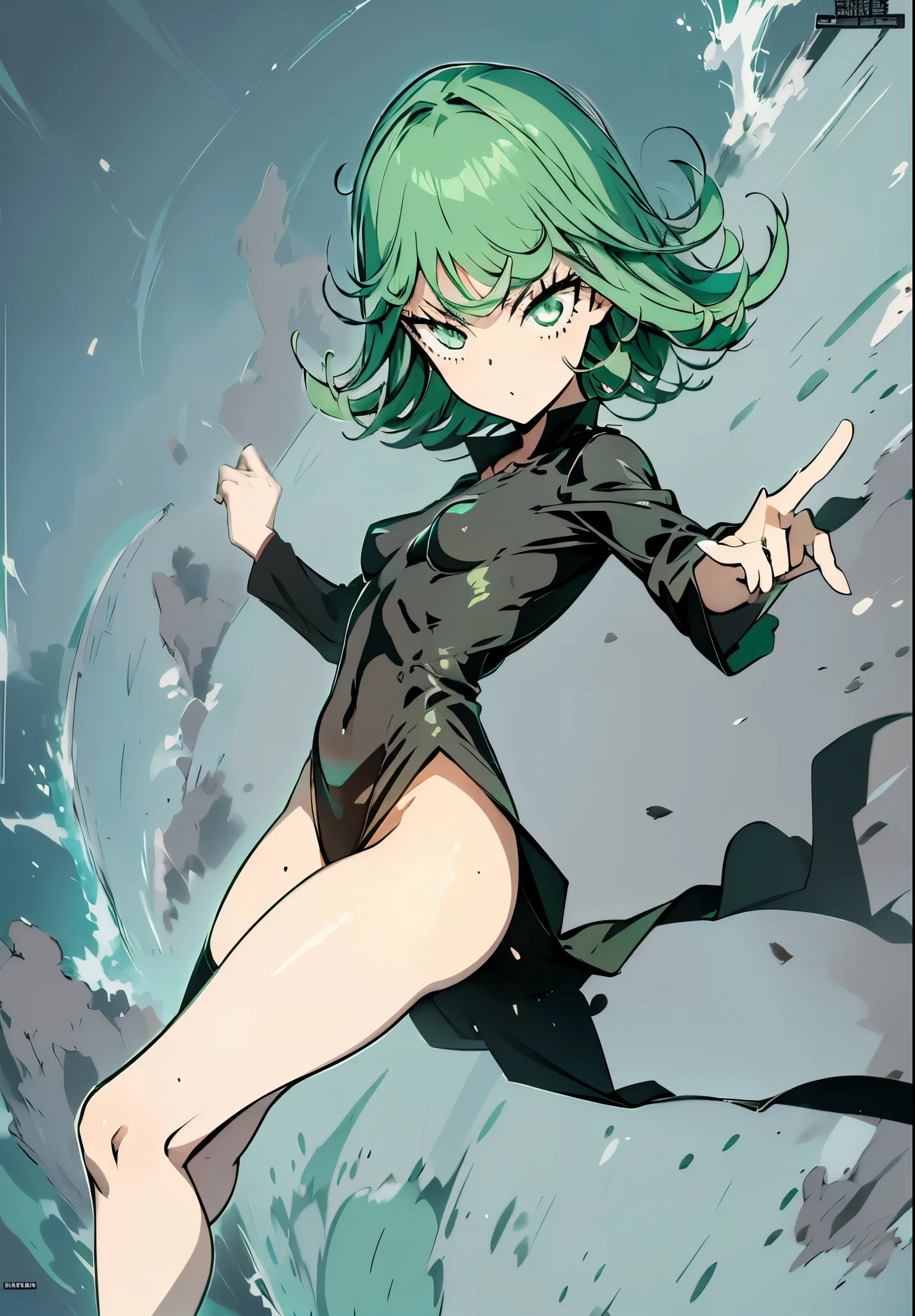 Masterpece, high quality, 1girl, tatsumaki one punch man, green hair, churly hair, green eyes, black wear, black clothes, fullbody, Sexy hentai art, realistic, detail, 8k