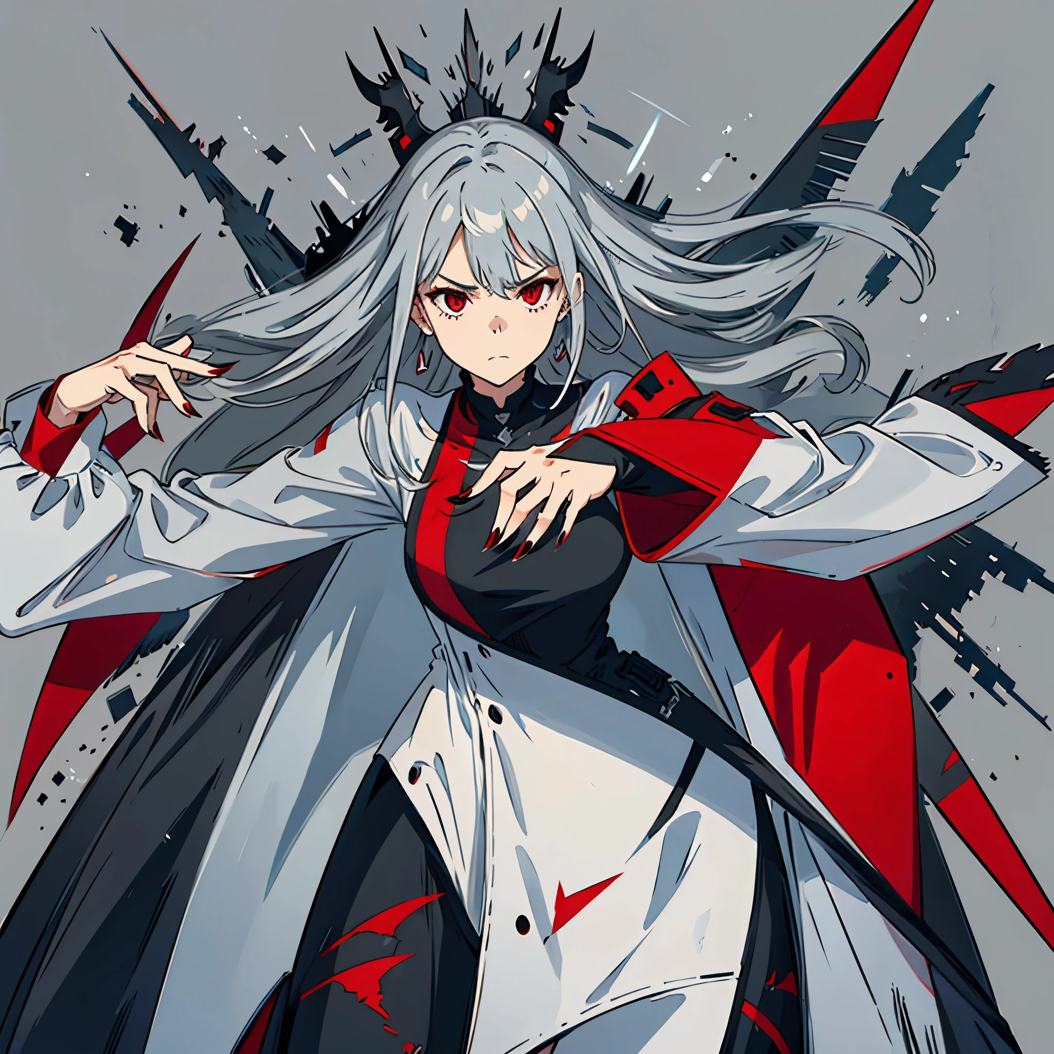 long gray hair woman, Gray background, I'm looking at this, red eyes, sharp nails, I'm angry