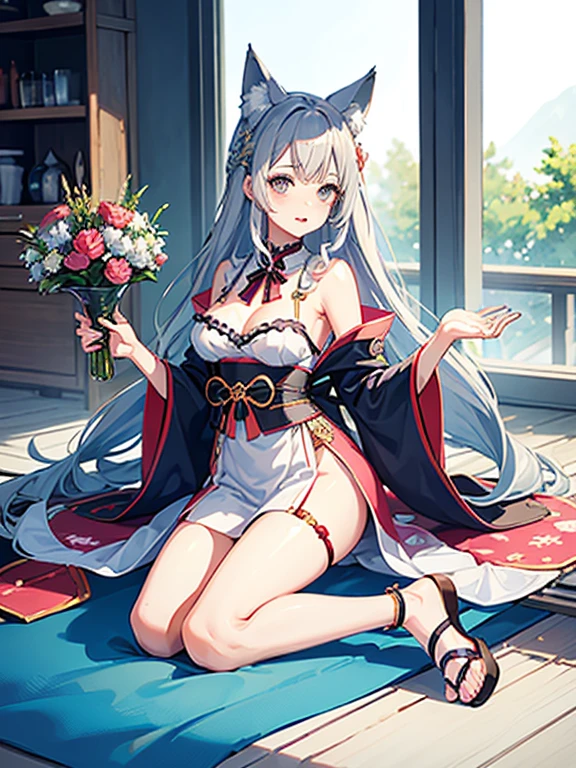 ((highest quality)), ((masterpiece)), (be familiar with), perfect face, one girl、15 years old、big breasts、small face、long hair、silky hair、Braid in one place、bluish silver hair、kimono、Sheer clothes、summer clothes、mini skirt、Full body figure、つま先から頭のてっぺんまでのFull body figure、足先から頭までのFull body figure、fox ears、No underwear、Zori sandals、2 heads、Little、