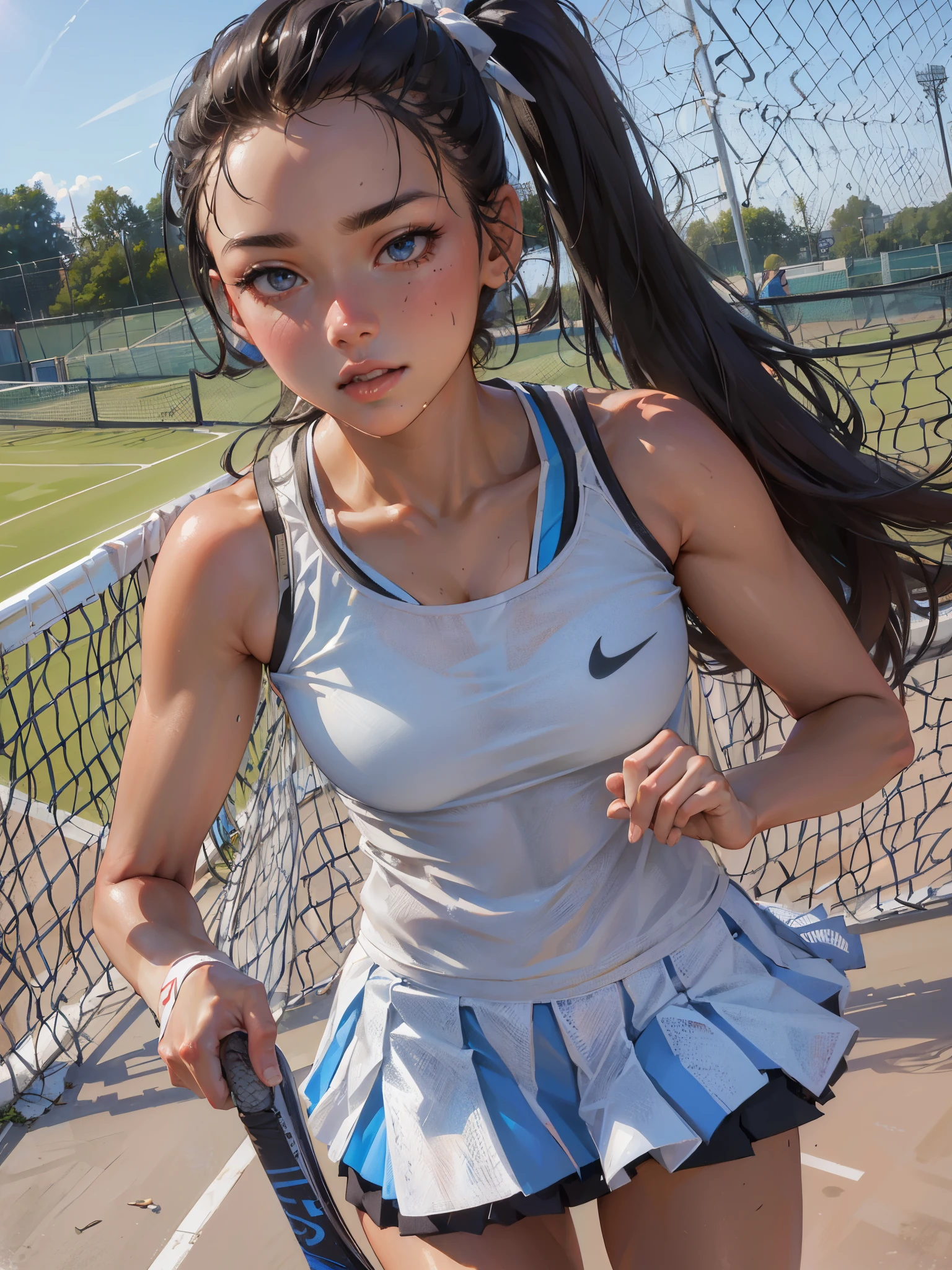 Best Quality, masutepiece, High resolution, (Photorealistic:1.4), Raw photo, 1 beautiful girl ,Dynamic Angle,Female tennis player,skirt ,small head, Glowing skin, Sweat,At the tennis venue,(Detailed beautiful face:1.4),detailed skins,Detailed eyes,detailed hairs,Cool,Beautiful,nice legs,