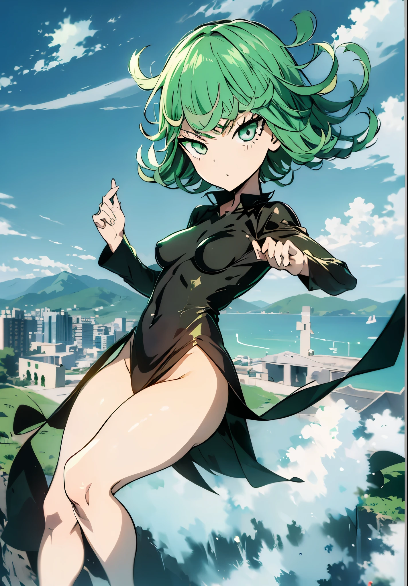 Masterpece, high quality, 1girl, tatsumaki one punch man, green hair, churly hair, green eyes, black wear, black clothes, fullbody, Sexy hentai art, realistic, detail, 8k