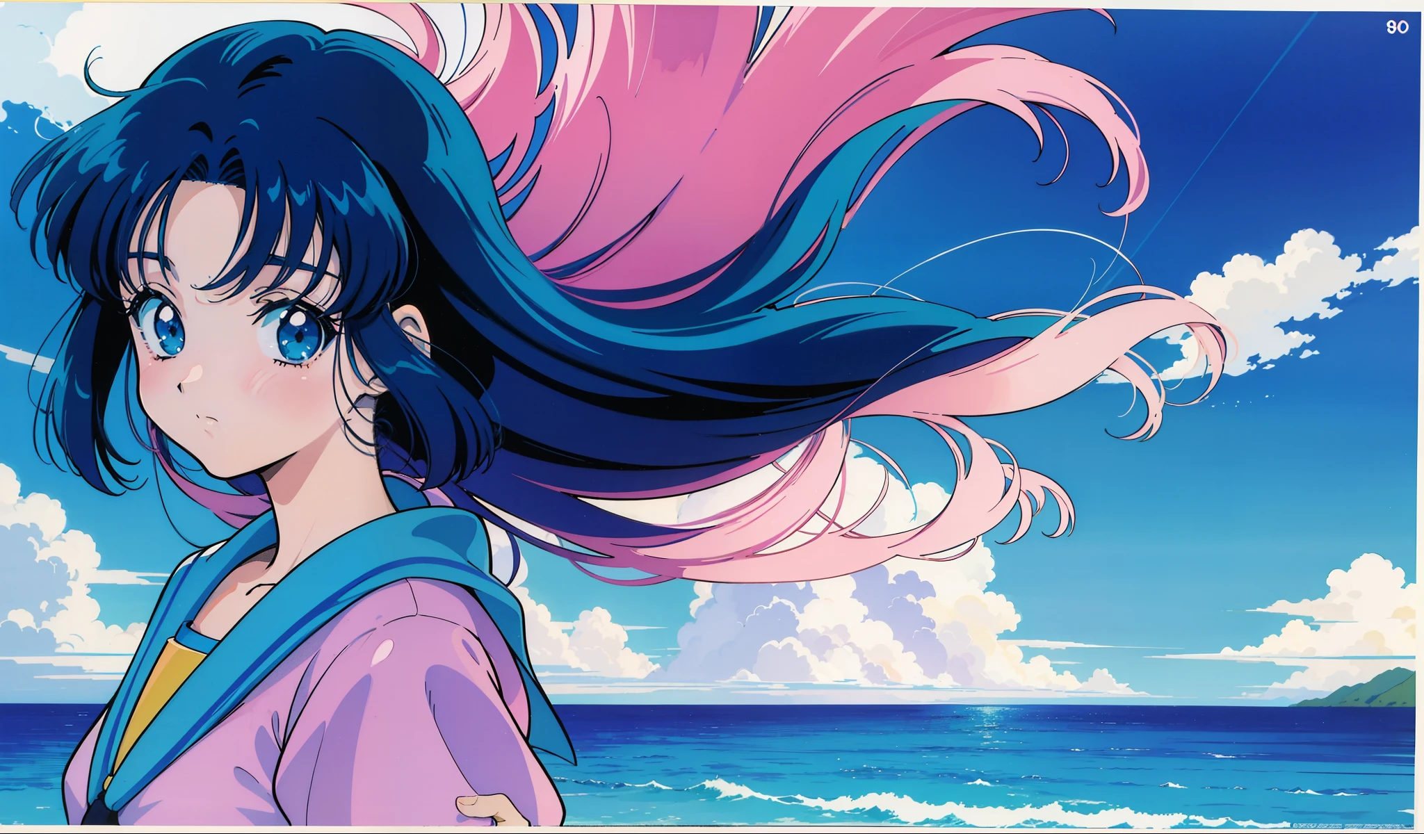 Ocean、beautiful scenery、girl、90'anime art style, 80&#39;anime art style, In the art style of 80's anime, 9 0 s anime aesthetic, retro anime images, 90s anime style, 90s anime style, 80s anime style, 1980's anime style、poster of