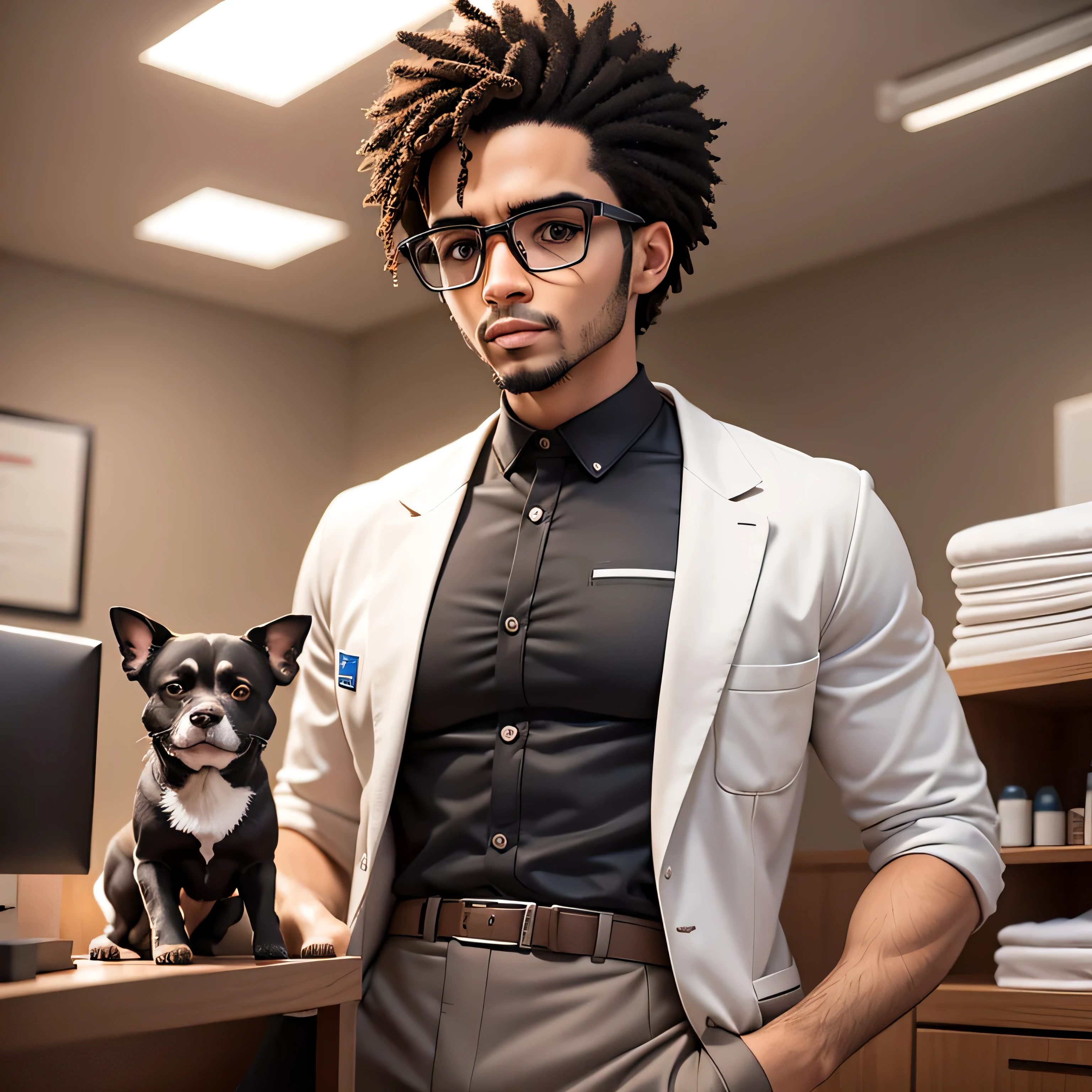 Create an illustration of a male veterinarian, jovem, negro, de cabelos crespos, square glasses, bata branca, in a veterinary clinic, atendendo um cachorro.