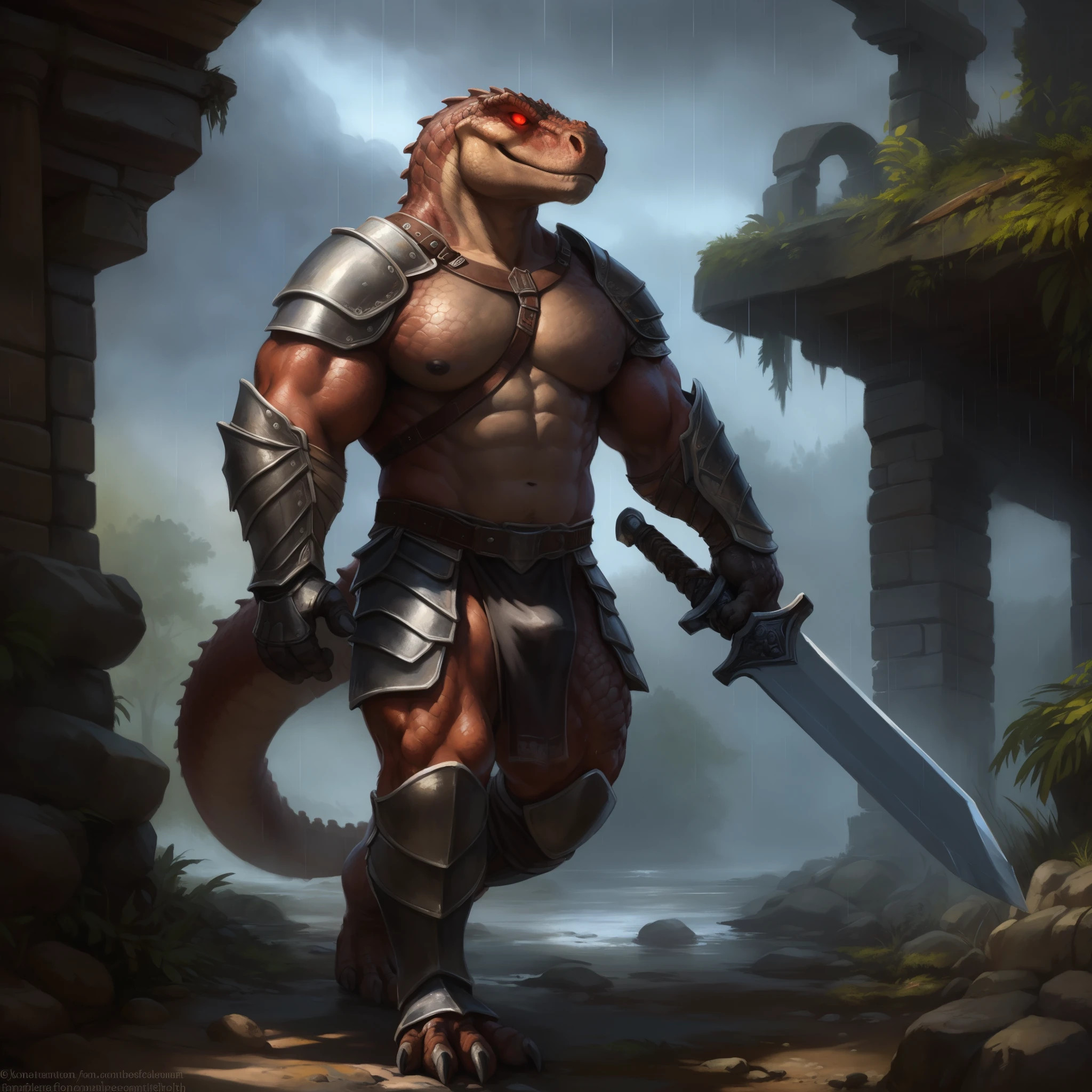 stone ruins, raining, under bridge, walking, penis outline, (ultra detailed), a beautiful and detailed full size portrait of a male anthro buffed dinosaur (red body, black skin), tree (scales, detailed scales, muscle anthro, buff, big pecs, gladiator armor), black loincloth, big crotch, armor leg wear, armor, knight helmet, armor gloves, warrior weapon, glowing eyes, red eyes (glowing), non-mammal breasts, looking at viewer, bedroom_eyes, detailed eyes, big body, sexy body, goddess, big crotch, crotch apron, balls outline, sword belt, sword strip, kenket, Ross Tran,ruan jia, trending on artstation,foxovh, cenematic lighting, big breaths, big , hands on chest, smile, detailed background, day, side view, empty eyes, foreskin, tan body, tan scales, empty eyes, wet, night, big body, translucent loincloth, unconvincing armor, warrior, gladiator, thick thighs, warrior costume, lizard tail, full body, big butt,