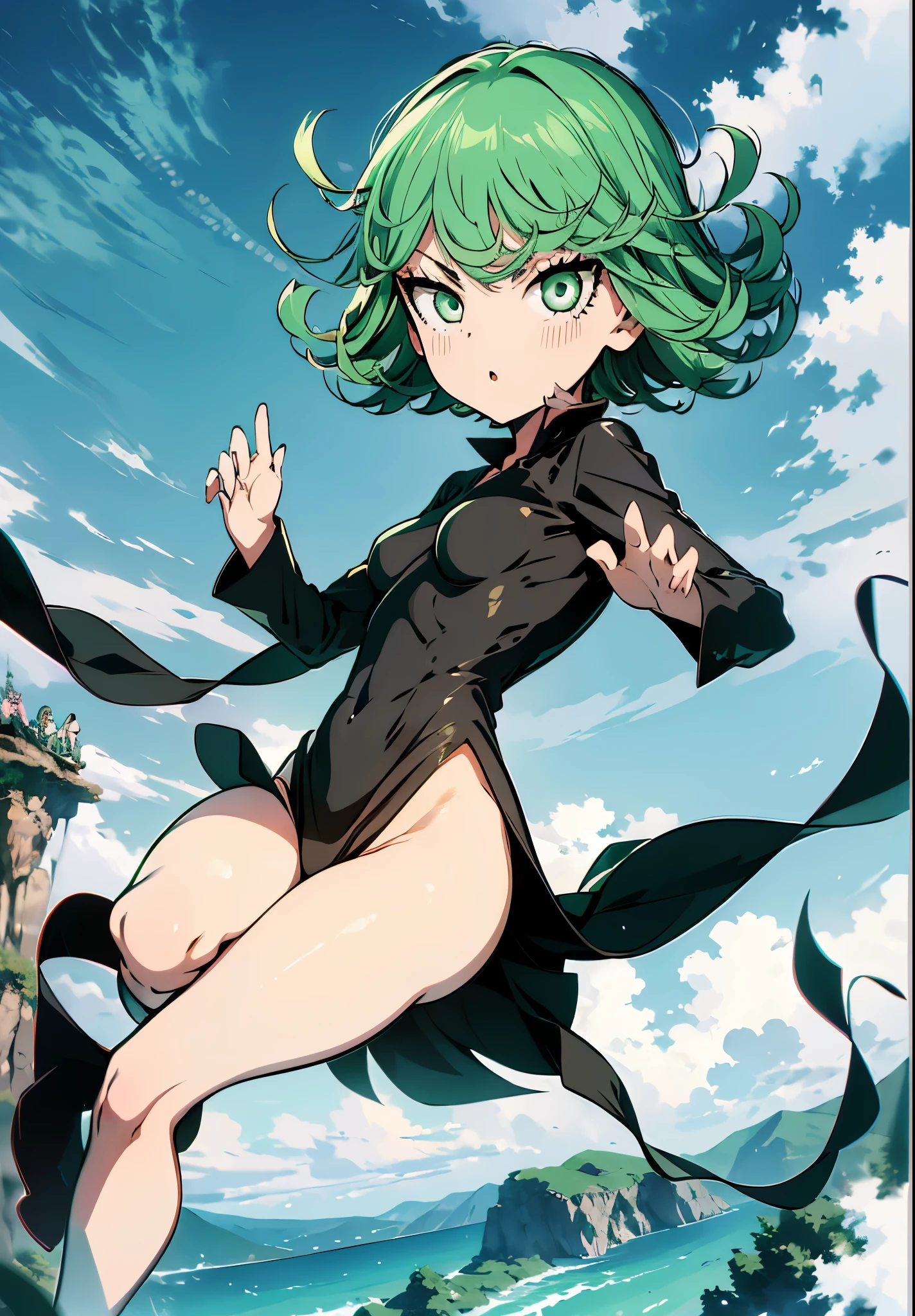 Masterpece, high quality, 1girl, tatsumaki one punch man, green hair, churly hair, green eyes, black wear, black clothes, fullbody, Sexy hentai art, realistic, detail, 8k