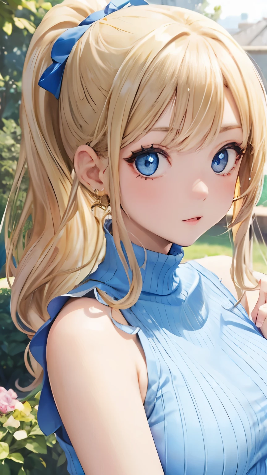(masterpiece:1.2), (highest quality:1.2),, Curvy but slender body, perfect eyes, perfect face, perfect lighting, 1 girl, in the garden, (The whole body is visible),(Are standing),(sleeveless sweater),(cute gesture),(smile),(ponytail),curly hair, Fine clothes, Detailed outdoor background, compensate, eye shadow, thick eyelashes, fantasy, looking at the viewer, whole body,alice in wonderland、blue sky、Bright and very beautiful face、young shiny glossy white shiny skin、the best beauty、The most beautiful bright blonde hair in the world、thin hair、long hair、Shining beautiful bangs、Glowing crystal clear big blue eyes、Very beautiful lovely most beautiful girl in the world、small breasts