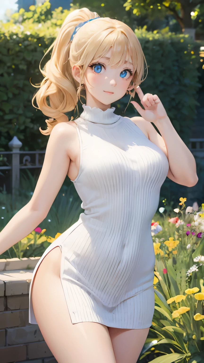 (masterpiece:1.2), (highest quality:1.2),, Curvy but slender body, perfect eyes, perfect face, perfect lighting, 1 girl, in the garden, （The whole body is visible），（Are standing），（sleeveless sweater），（cute gesture），（smile），（ponytail），curly hair, Fine clothes, Detailed outdoor background, compensate, eye shadow, thick eyelashes, fantasy, looking at the viewer, whole body，alice in wonderland、blue sky、Bright and very beautiful face、young shiny glossy white shiny skin、the best beauty、The most beautiful bright blonde hair in the world、thin hair、long hair、Shining beautiful bangs、Glowing crystal clear big blue eyes、Very beautiful lovely  most beautiful girl in the world、small breasts