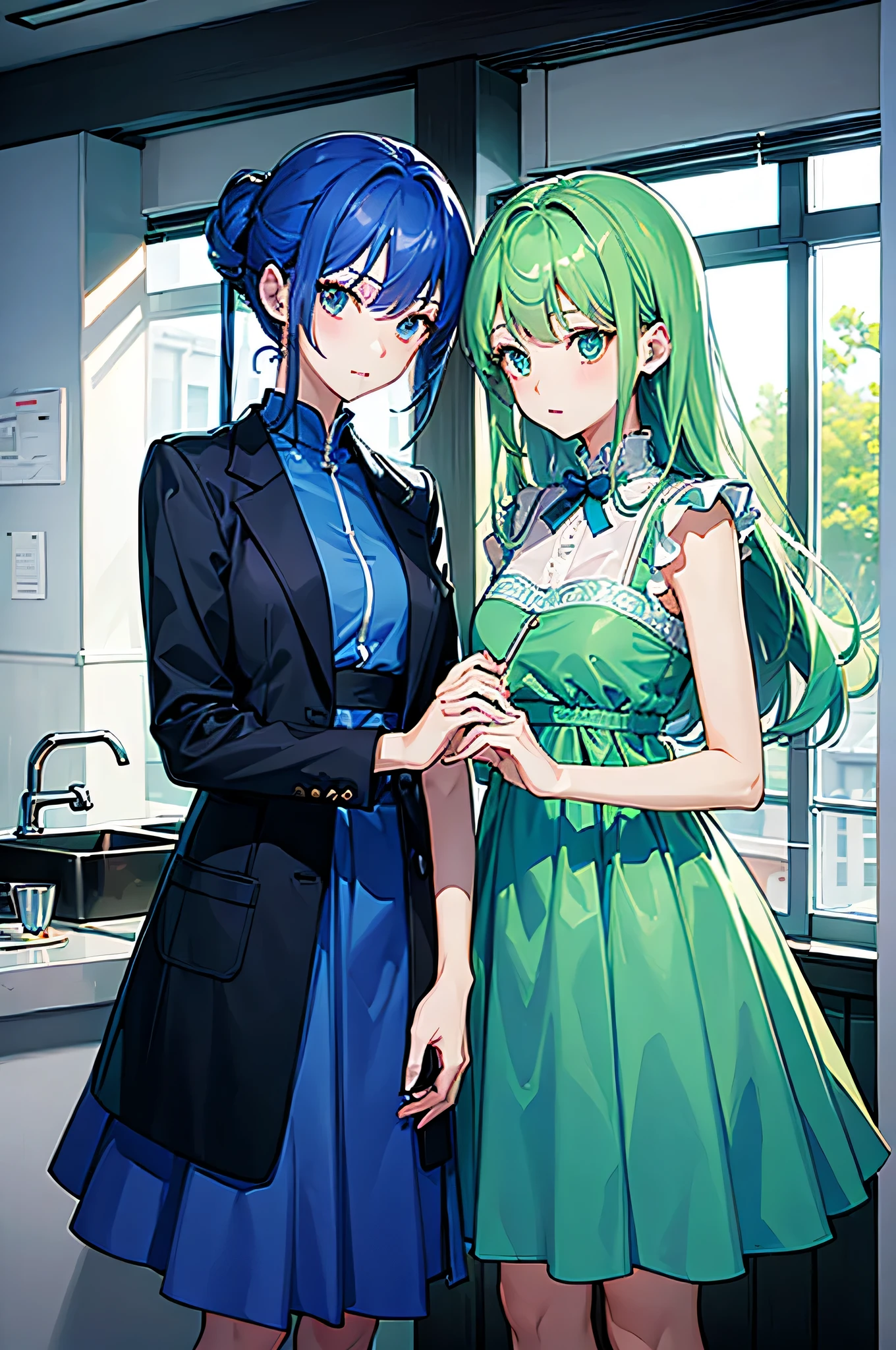 ((Two people))，two-dimensional，beautiful girl。 The girl on the left，blue clothes，light blue hair，blue eyes，blue skirt。The girl on the right，green hair，green clothes，green eyes。happy，precise，high resolution，sweep，high quality，master