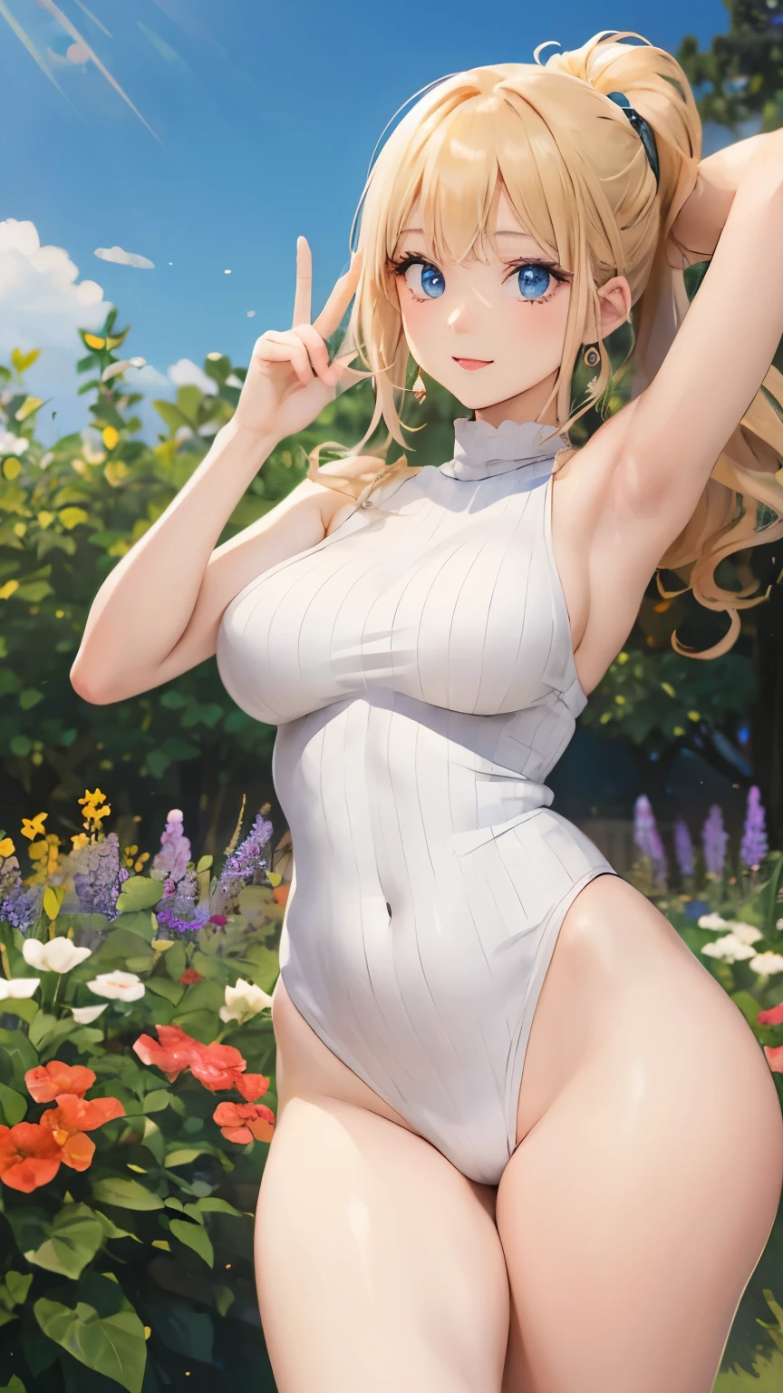 (masterpiece:1.2), (highest quality:1.2),, Curvy but slender body, perfect eyes, perfect face, perfect lighting, 1 girl, in the garden, (The whole body is visible),(Are standing),(sleeveless sweater),(cute gesture),(smile),(ponytail),curly hair, Fine clothes, Detailed outdoor background, compensate, eye shadow, thick eyelashes, fantasy, looking at the viewer, whole body,alice in wonderland、blue sky、Bright and very beautiful face、young shiny glossy white shiny skin、the best beauty、The most beautiful bright blonde hair in the world、thin hair、long hair、Shining beautiful bangs、Glowing crystal clear big blue eyes、Very beautiful lovely 17 year old most beautiful girl in the world、small breasts