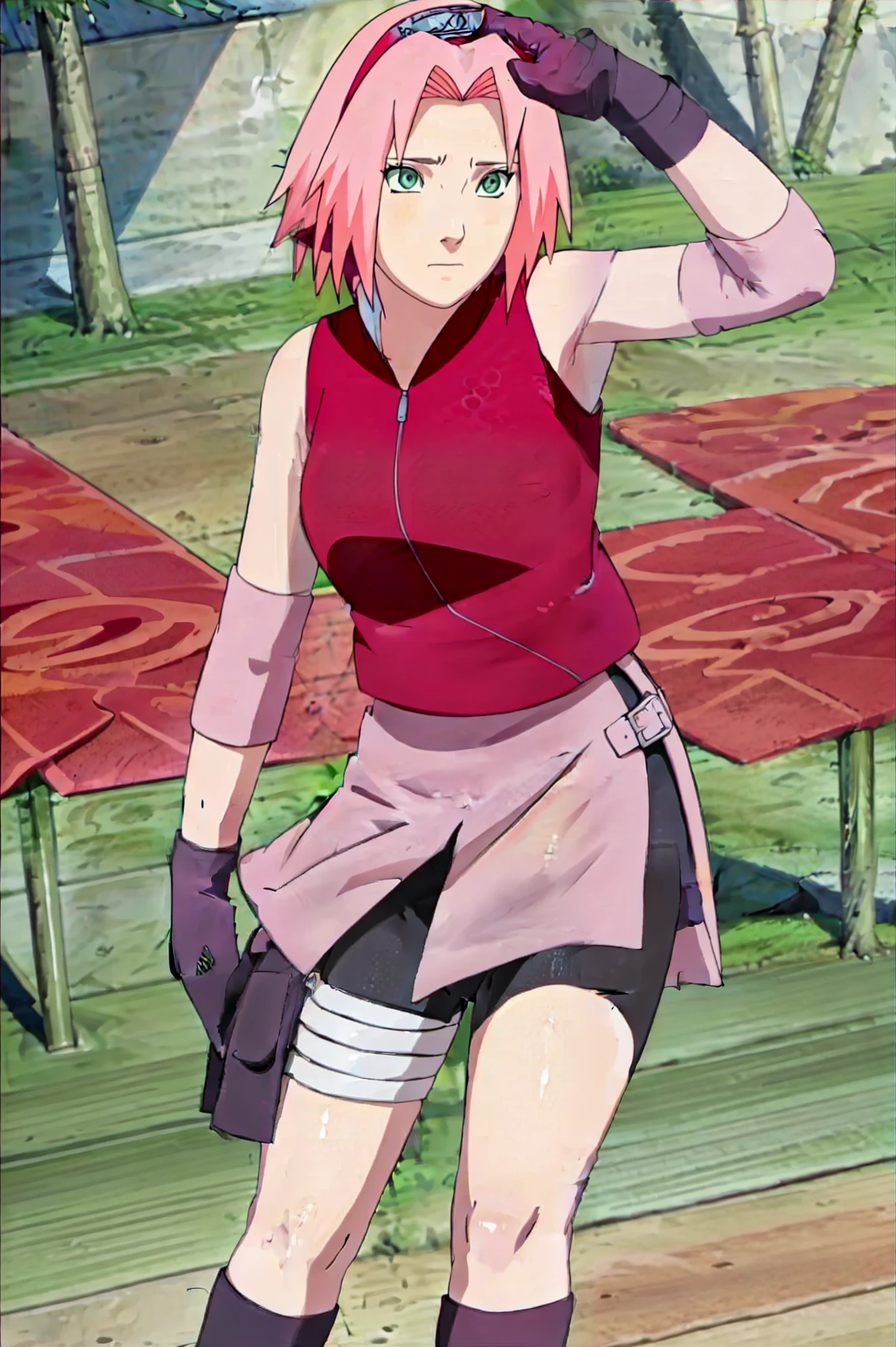 High-quality, ultra-detailed, realistic artwork of a scene from "Sakura Shippuden" with vivid colors, perfect for 4K or 8K resolutions. The scene depicts Sakura Haruno, a young woman, standing gracefully in a garden surrounded by blooming sakura (cherry blossom) trees. She is wearing a red jacket embroidered with the symbol of Konohagakure, the Hidden Leaf Village. Her leg is bandaged, indicating a recent injury. Sakura is wearing a short skirt and toeless footwear, emphasizing her femininity and agility. Sakura has shoulder-length bangs that softly frame her face, revealing her beautiful, green eyes. Her face is adorned with a forehead protector, which bears the Konohagakure symbol, signifying her allegiance to her village. The artwork showcases Sakura's attention to detail, including her long eyelashes, detailed lips, and delicate features, capturing her determination and inner strength. The lighting in the scene is soft and warm, casting a gentle glow on the petals of the sakura blossoms. The vibrant colors of the cherry blossoms contrast against Sakura's black short sleeves and gloves, adding depth to the composition. The overall color scheme leans towards pastel tones, enhancing the serene and tranquil atmosphere of the garden. This masterpiece artwork aims to capture the essence of Sakura Haruno's character, portraying her as a confident, skilled kunoichi amidst the delicate beauty of the sakura garden. The attention to detail, vibrant colors, and realistic rendering will bring this scene to life, evoking the spirit of "Sakura Shippuden" in a visually stunning manner.