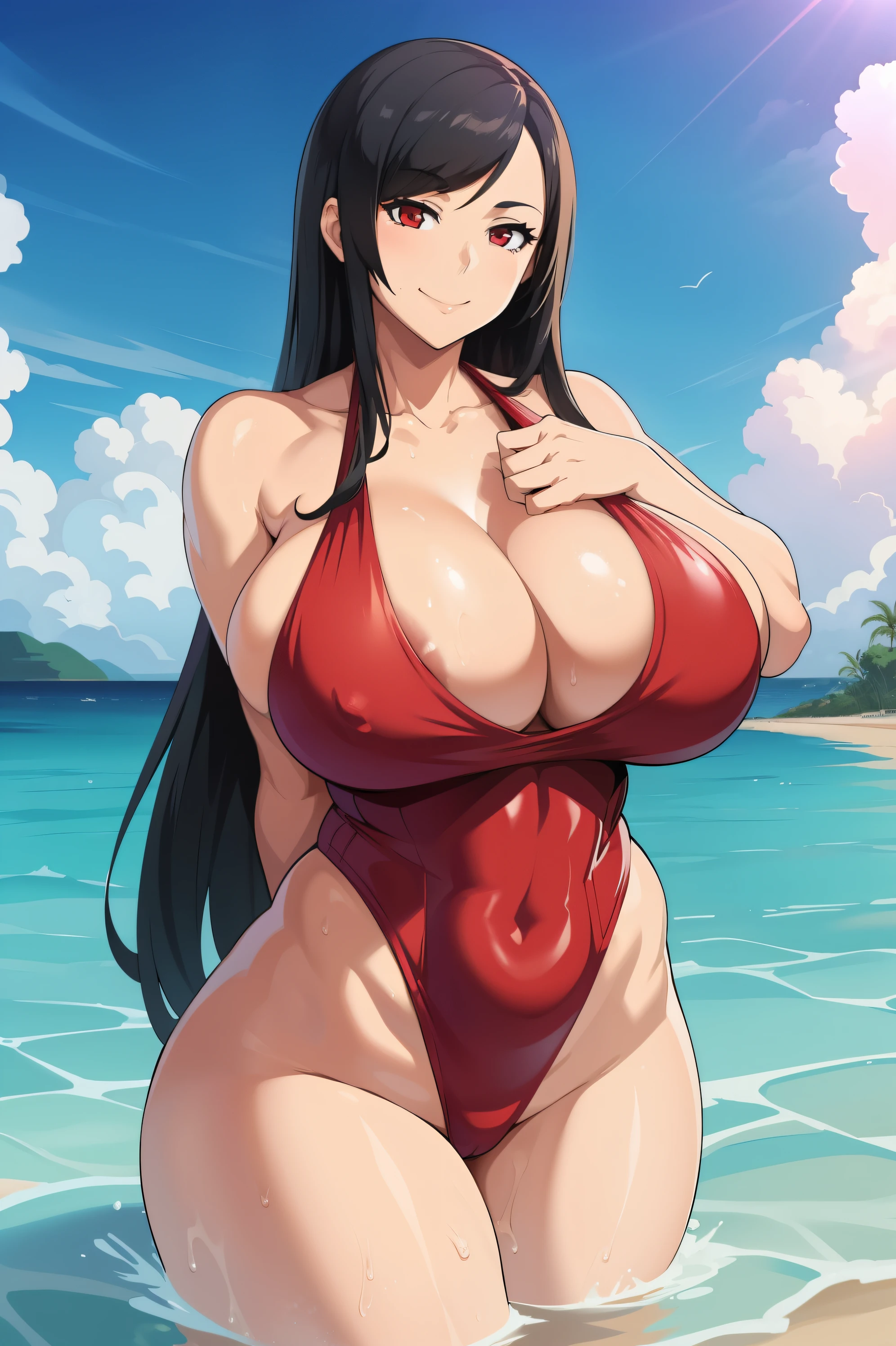 obra de arte, melhor qualidade, defTifa, olhos vermelhos, cabelo longo preso baixo, one piece swimsuit, seios enormes, praia, Parcialmente submerso, sky, nuvens, sorriso, corpo tonificado