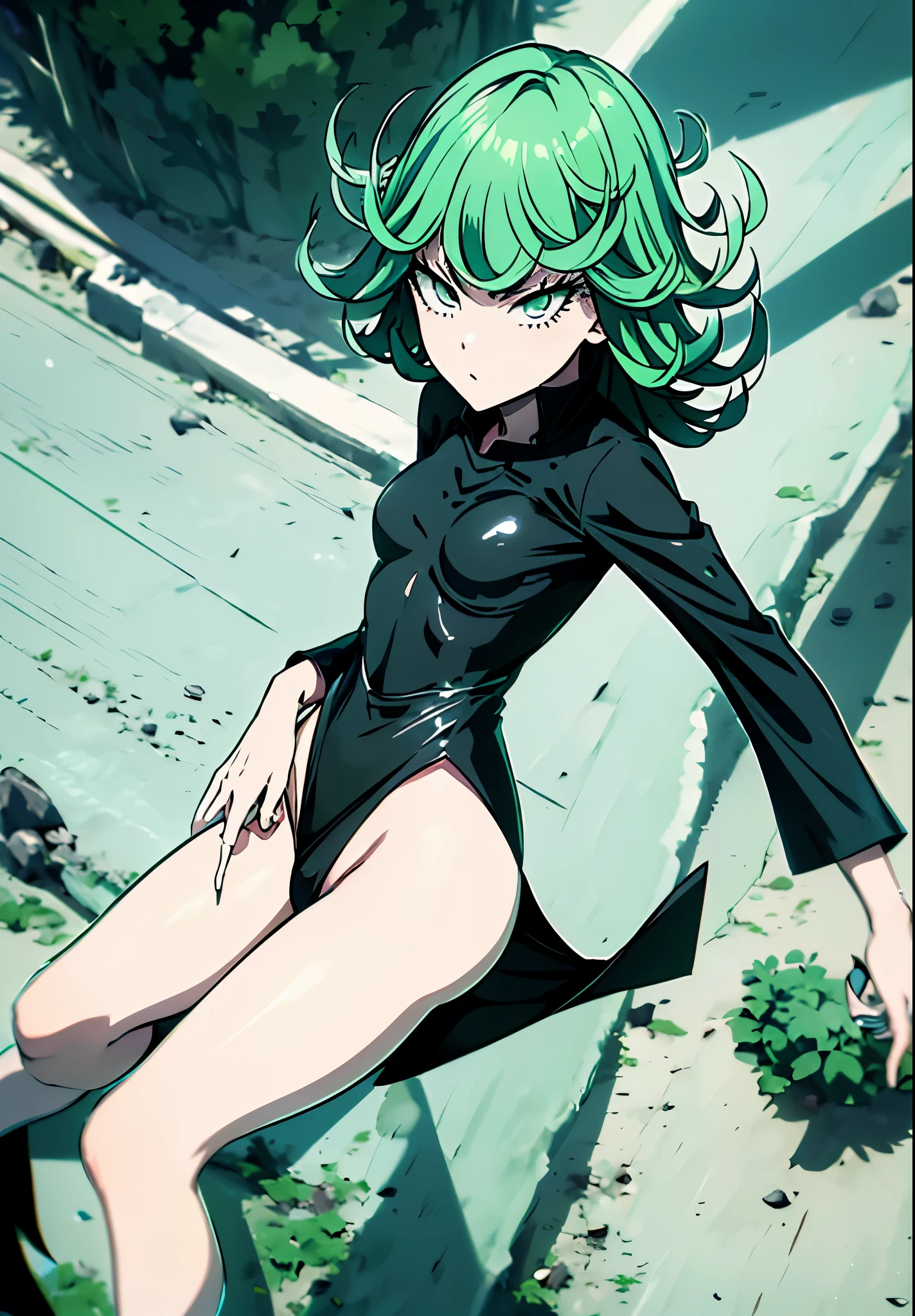 Masterpece, high quality, 1girl, tatsumaki one punch man, green hair, churly hair, green eyes, black wear, black clothes, fullbody, Sexy hentai art, realistic, detail, 8k