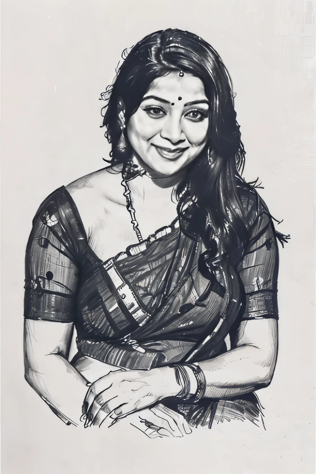 Portrait pencil drawing of Mallu woman sitting in achair, charcoal artwork, pencil artwork, pencil sketch 