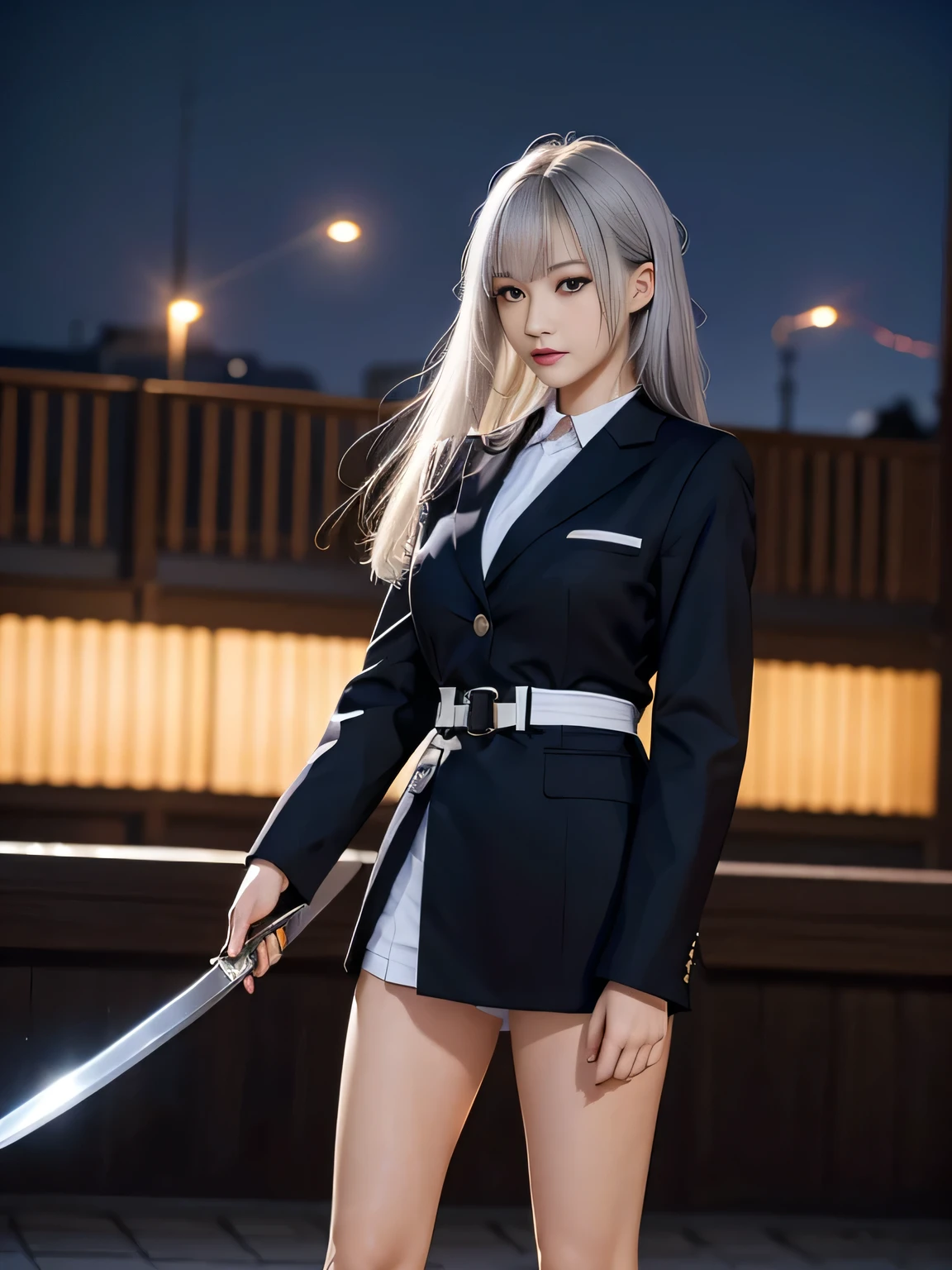 Japan holding a sword、Place the cutting edge in front of you、Open your legs slightly and take a fighting stance.。.、18 year old high school girl、blazer uniform、stern expression、long straight silver hair、Big city landscape at night