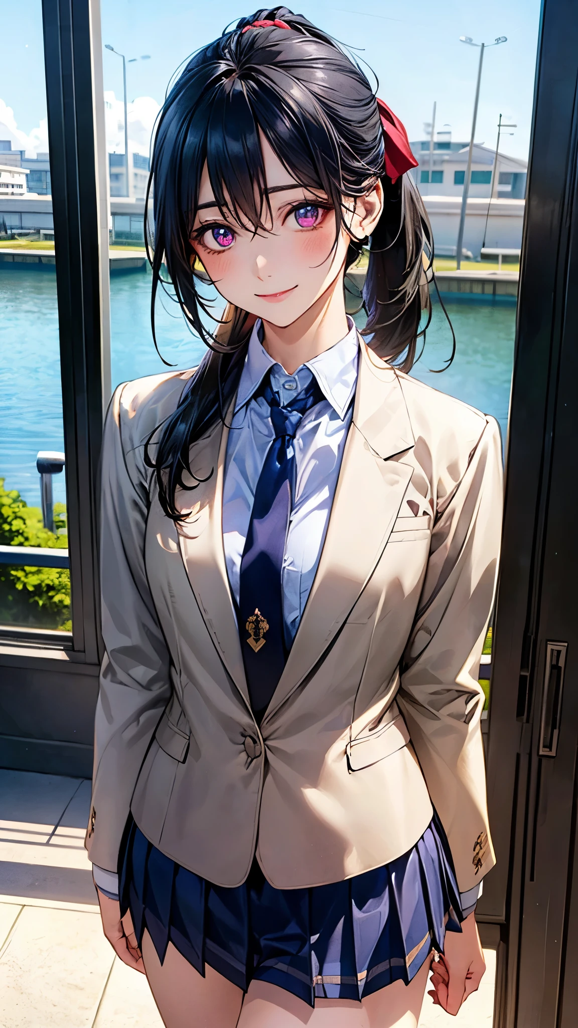 (masterpiece:1.2, top-quality), (realistic, photorealistic:1.4), beautiful illustration, (natural side lighting, movie lighting), nsfw, 
looking at viewer, 1 girl, japanese, high school girl, perfect face, cute and symmetrical face, shiny skin, 
(long hair:1.5, ponytail:1.4, black hair), hair between eyes, purple eyes, glowing eyes, big eyes, long eye lasher, (medium breasts), slender, 
beautiful hair, beautiful face, beautiful detailed eyes, beautiful clavicle, beautiful body, beautiful chest, beautiful thigh, beautiful legs, beautiful fingers, 
((private high school uniform, white school jacket, close jacket, white collared shirts, navy pleated mini skirt), navy tie), 
(beautiful scenery), evening, (school),, standing, (lovely smile, upper eyes), 