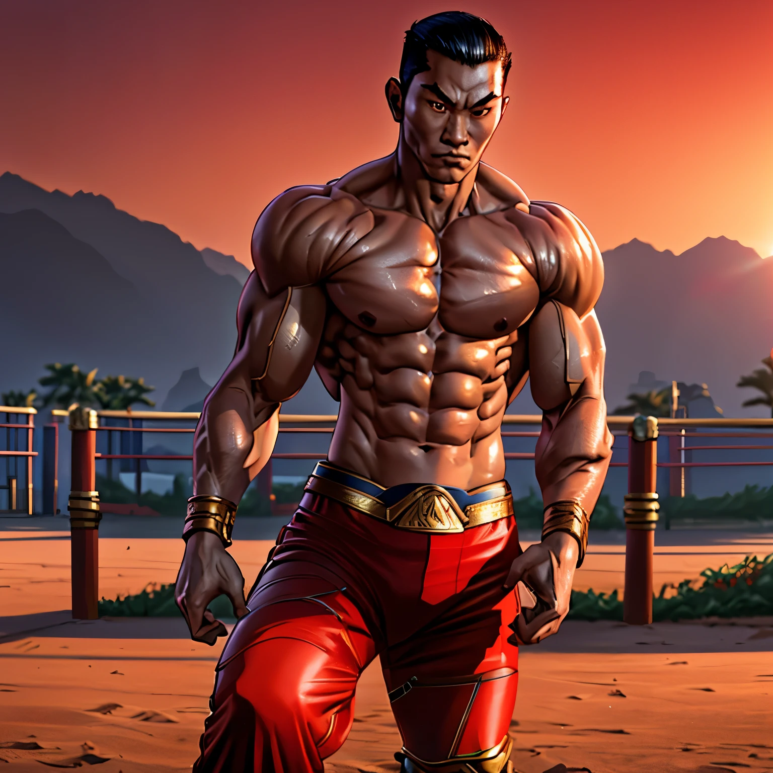 Feng Wei, 1boy solo focus, standing straight, arms crossed, sunny, 16k, high definition, extremely detailed, ultra quality face, medium shots, masterpiece, realistic, medium shots, (Shirtless, Red Chinese Pants:1.3), (Gladiator Arena Background:1.4)