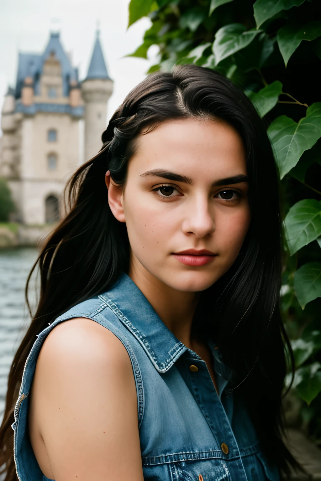 photograph of a woman, (tense facial expression), ultra-textured leather, Face looking at camera, goosebumps, black hair with waterfall braid, oversized denim shirt with bike shorts and sneakers, several views, majestic fairytale castle with turrets, drawbridges and walls, covered with ivy, Perfect eyes, (soft lighting), Porta 160 color, shot with Leica T, hips, sharp focus on the subject, photograph of Candida Hoefer