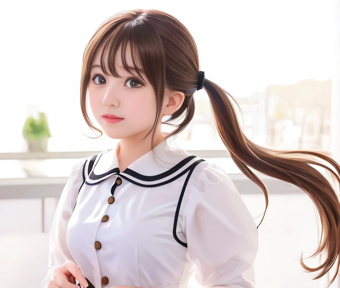 (professional photography), (real live action), cute twin tail girl, brown hair, White blouse with thin fabric,