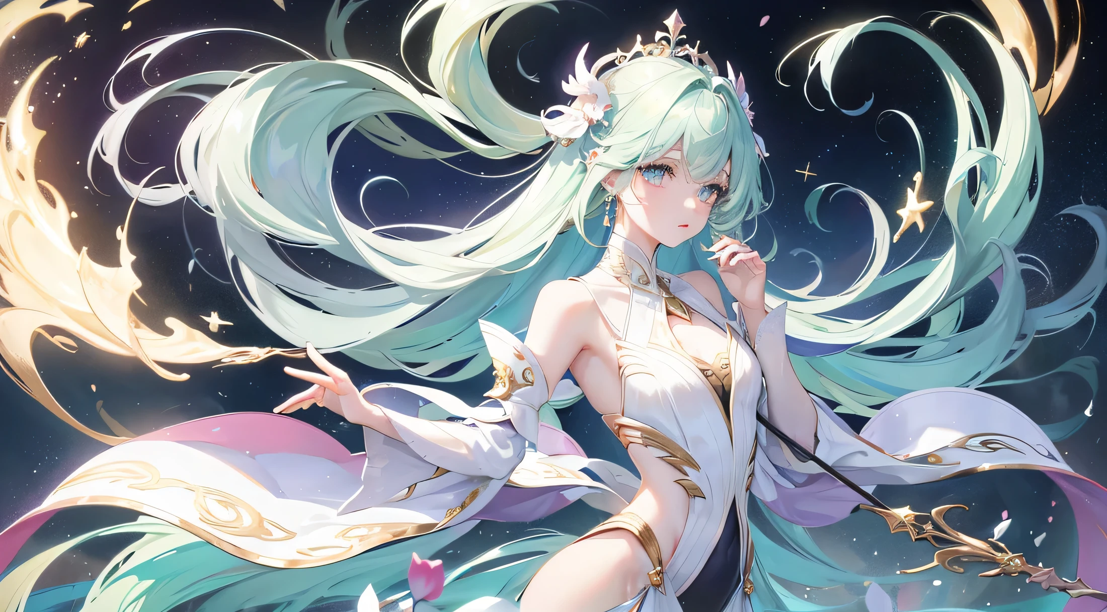 Create widescreen images of fantastical celestial-themed anime characters. character is long, Flowing hair with a color gradation from platinum blonde at the roots to pale aquamarine at the tips., Like the transition from day to night. The eyes are a striking color that is a mixture of green and pink spots., reminds me of a distant galaxy. They are、She wears a body-hugging translucent gown with plenty of golden embroidery.。, Reminiscent of the patterns of constellations. in hand, The character wields an elegant staff crowned with a crescent moon. What surrounds them is、A magical swan-like creature made from starlight.。, The background is a panoramic space landscape with stars, planet, Nebula in shades of blue and purple.