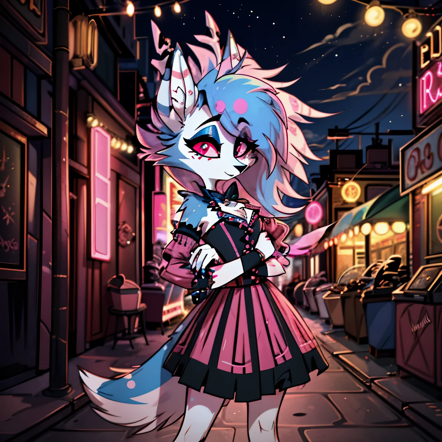 In the solitary realm of Hazbin Hotel, a captivating feminine deer and wolf hybrid demon is the sole character, mesmerizing with her unique presence. Adorned in a color pattern of blue, pink, and black, she combines the elegance of a deer with the fierce allure of a wolf. Embracing 1970s Chicago fashion, she exudes a stylish vibe, donning a colorful maxi dress with bold patterns, and flared sleeves. Against the vibrant backdrop of bustling city streets, her presence, accentuated by her striking blue, pink, and black color pattern, adds a captivating allure as the lone embodiment of style in the world of Hazbin Hotel. ((solo)), ((1character))