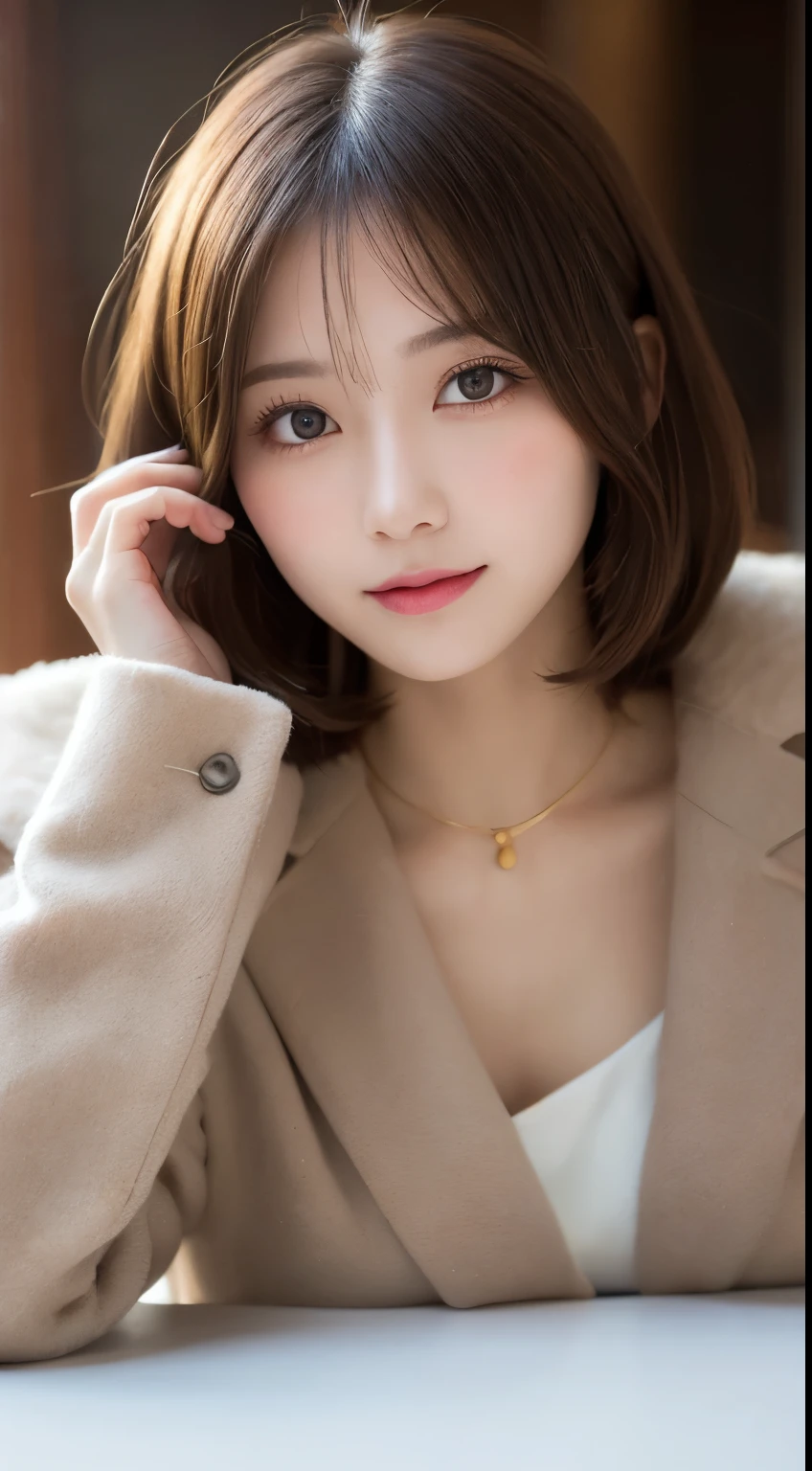 (highest quality、Ultra-realistic as a photo)、Sharp focus, 超High resolutionの顔、(masterpiece)、Very fine finish、(High resolution、8k:1.3)、The face is in focus、Ultra high definition and beautiful eyes、Eyes are symmetrical、I stare at you with concentrated eyes、High quality and natural skin、Ultra HD Hair Texture、(Face close-up:1.1)、Japanese women、20-year-old、OL, (short hair, messy hair:1.3)、suit, White Business Shirt、medium breast, Natural light, very cute、very cute, Light Makeup, Glossy Lips、), (blush:1.3), (embarrassed:1.3)、Thin Necklace