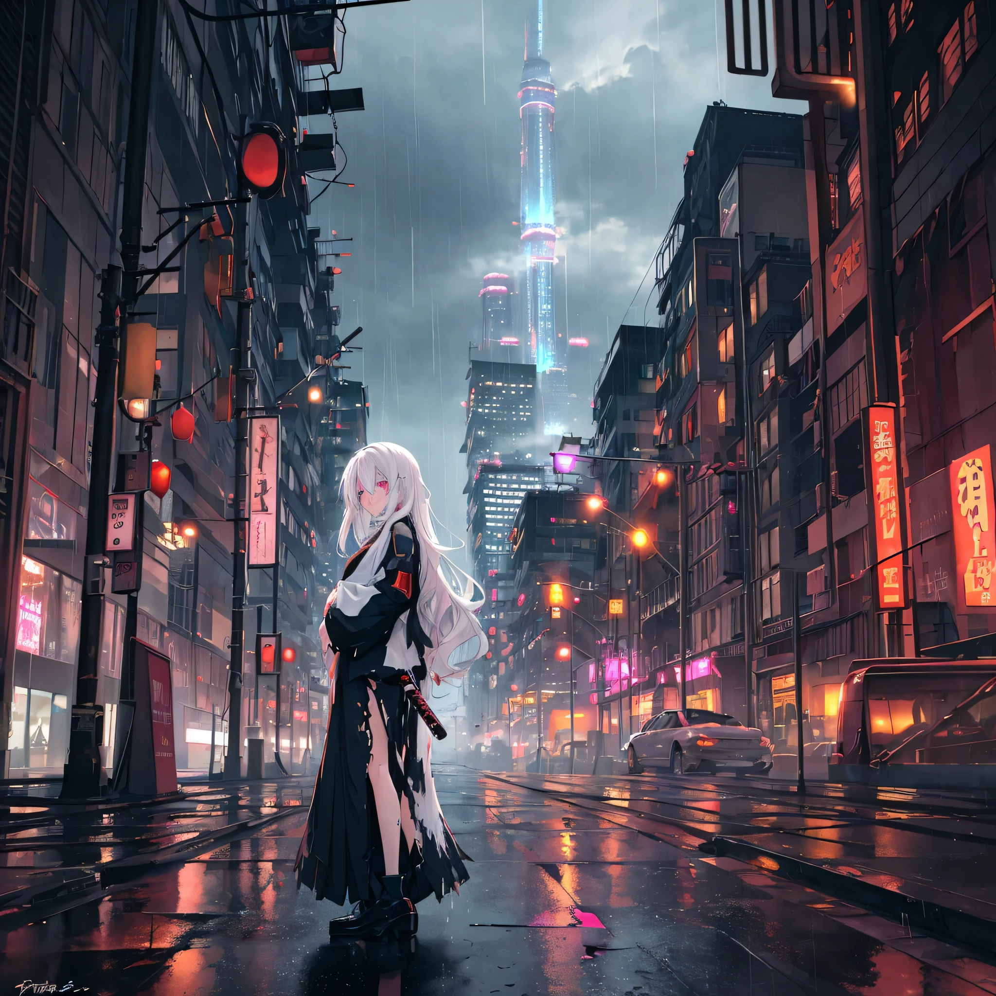 anime girl: a captivating, young character with long flowing white hair,
long white hair: cascading down her back in soft waves, reminiscent of the clouds above,
broken suit: tattered and worn, the once vibrant colors now faded, discarded pieces hanging loosely from her slender frame,
holding bloodied katana: the samurai blade clutched tightly in her hands, stained with the recent spilled blood,
background cityscape: a sprawling metropolis bathed in the gloom of a rainy evening, towering buildings piercing the clouds, neon city lights flickering on despite the downpour,
rainy: the
