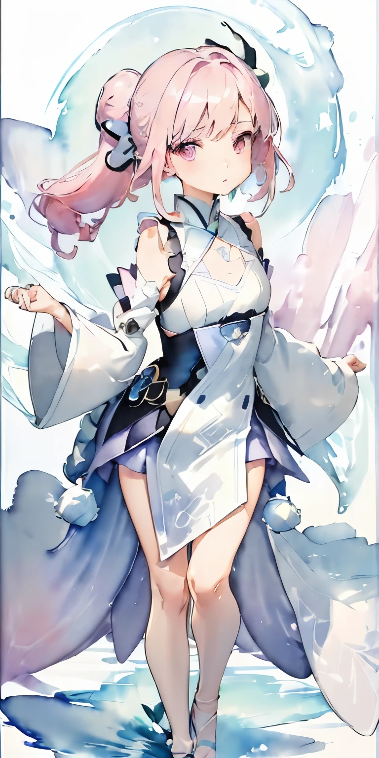 (((Light colored watercolor style background:1.2)))、one girl、16talent、anatomy、small face、small、small鼻、pale pink eyes、Loosely braided low ponytail、light pink hair、small breasts、black dress open neck dress、random pose、highest quality、High resolution、High resolution、cinematic lighting、professional photographer、