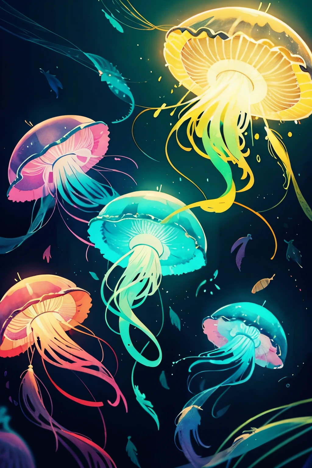 ethereal, watercolor neon glow colors, jellyfish underwater, illustration, vibrant, art