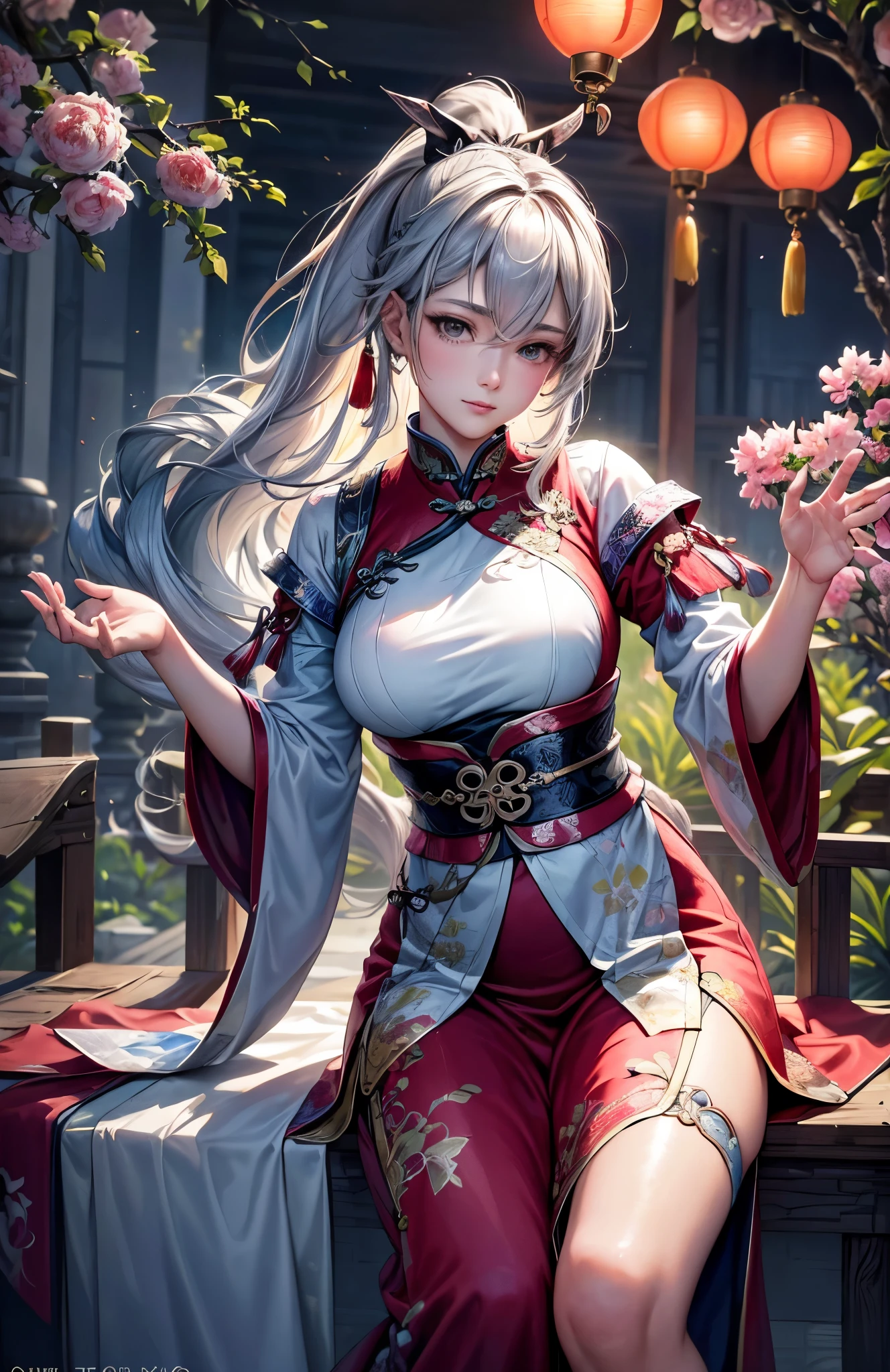 (best quality,4k,8k,highres,masterpiece:1.2),ultra-detailed,(realistic,photorealistic,photo-realistic:1.37), white hair, pony tail, medium breast, traditional red chinese clothes, silver wolf, painting, detailed facial features, serene garden, vibrant flowers, graceful pose, gentle breeze, soft lighting, mystical atmosphere, elegant color palette, traditional Chinese lanterns, intricate details, natural beauty, tranquil setting, flowing fabrics, traditional Chinese architecture, peaceful reflection, harmonious composition