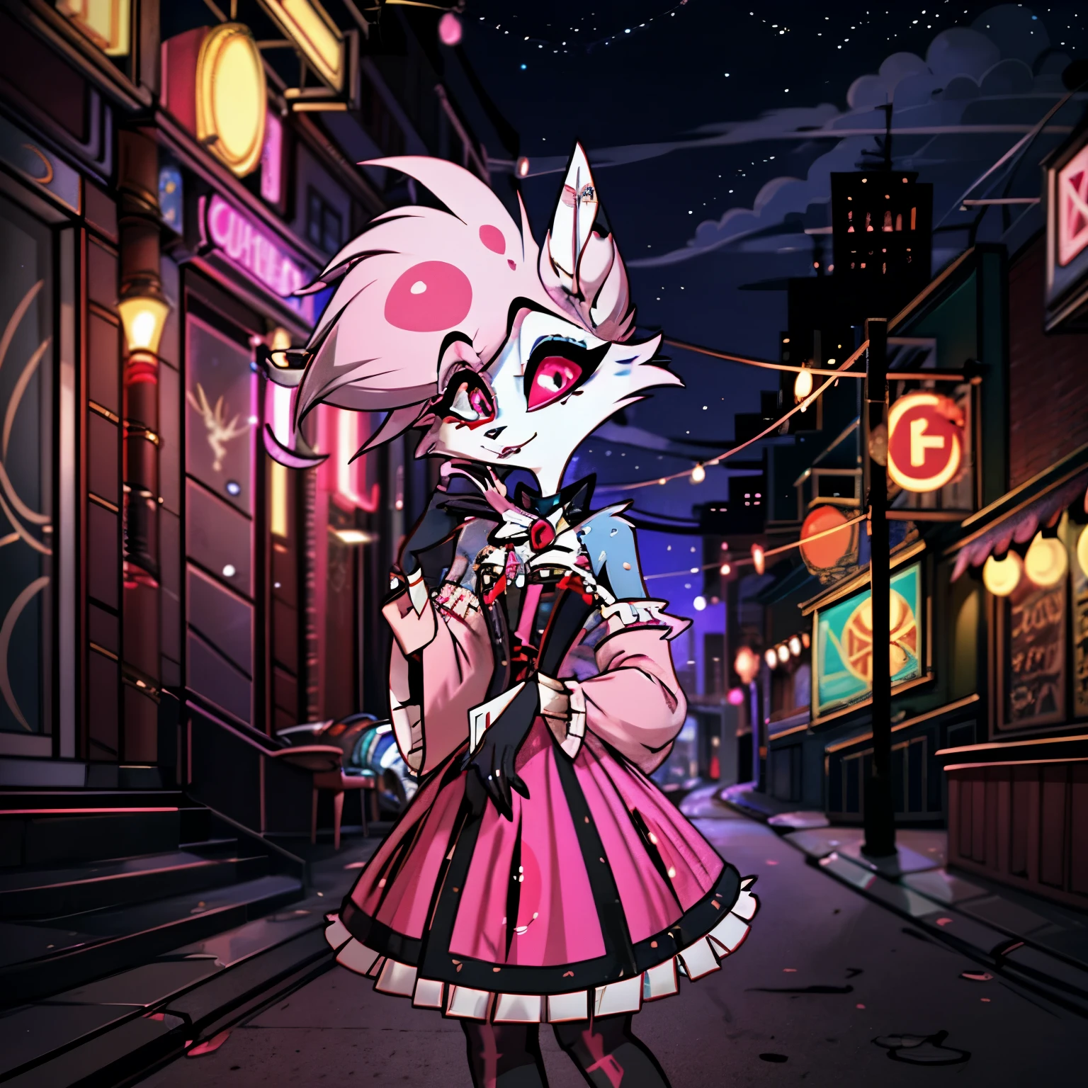 In the solitary realm of Hazbin Hotel, a captivating feminine deer and wolf hybrid demon is the sole character, mesmerizing with her unique presence. Adorned in a color pattern of blue, pink, and black, she combines the elegance of a deer with the fierce allure of a wolf. Embracing 1970s Chicago fashion, she exudes a stylish vibe, donning a colorful maxi dress with bold patterns, and flared sleeves. Against the vibrant backdrop of bustling city streets, her presence, accentuated by her striking blue, pink, and black color pattern, adds a captivating allure as the lone embodiment of style in the world of Hazbin Hotel. ((solo)), ((1character))