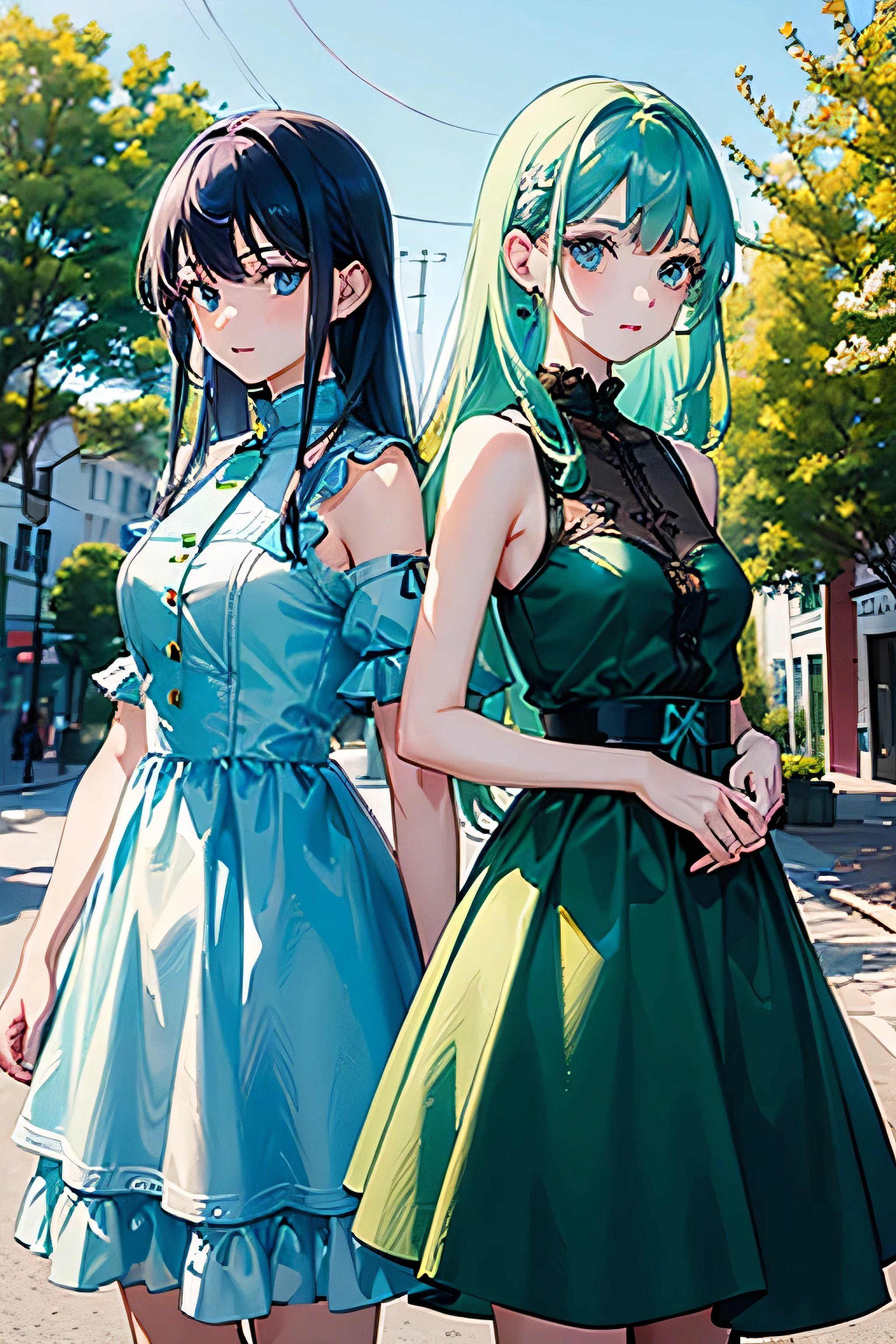 ((Two people))，two-dimensional，beautiful girl。 The girl on the left，blue clothes，light blue hair，blue eyes，blue skirt。The girl on the right，green hair，green clothes，green eyes。happy，precise，high resolution，soft，high quality，master, 8k