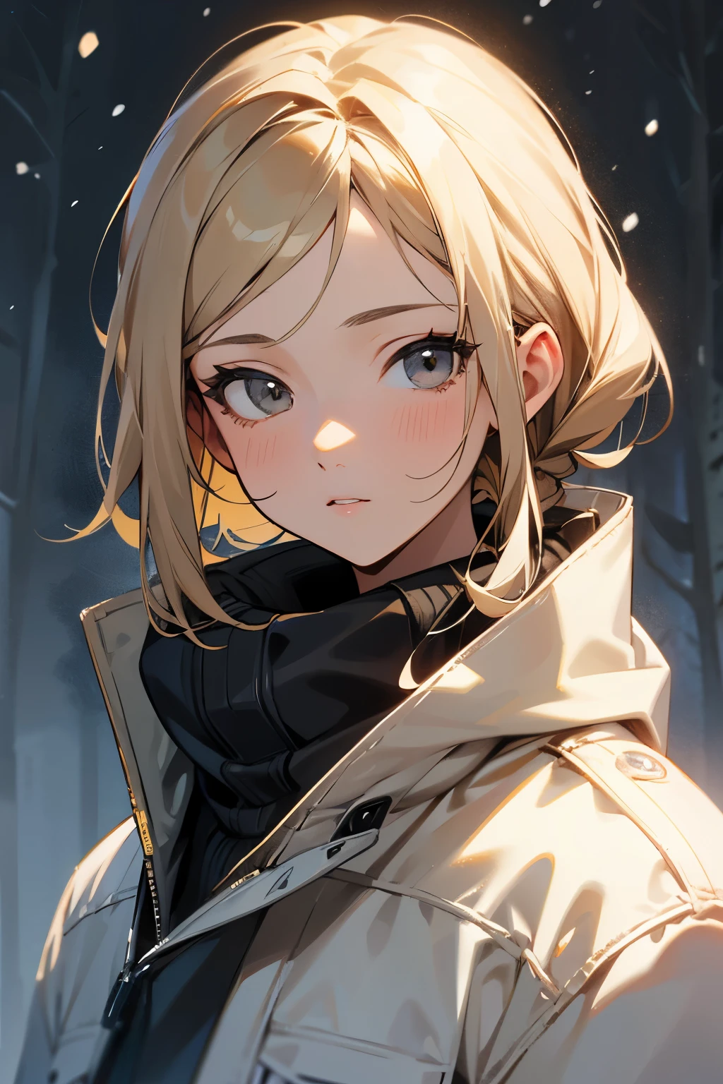 Winter landscape, Winter Forest, winter, Snowfall. Brown-eyed brunette boy 13 years old (good face rendering) kisses a pretty 13-year-old blonde girl with gray eyes (good face rendering), wearing a light gray jacket,