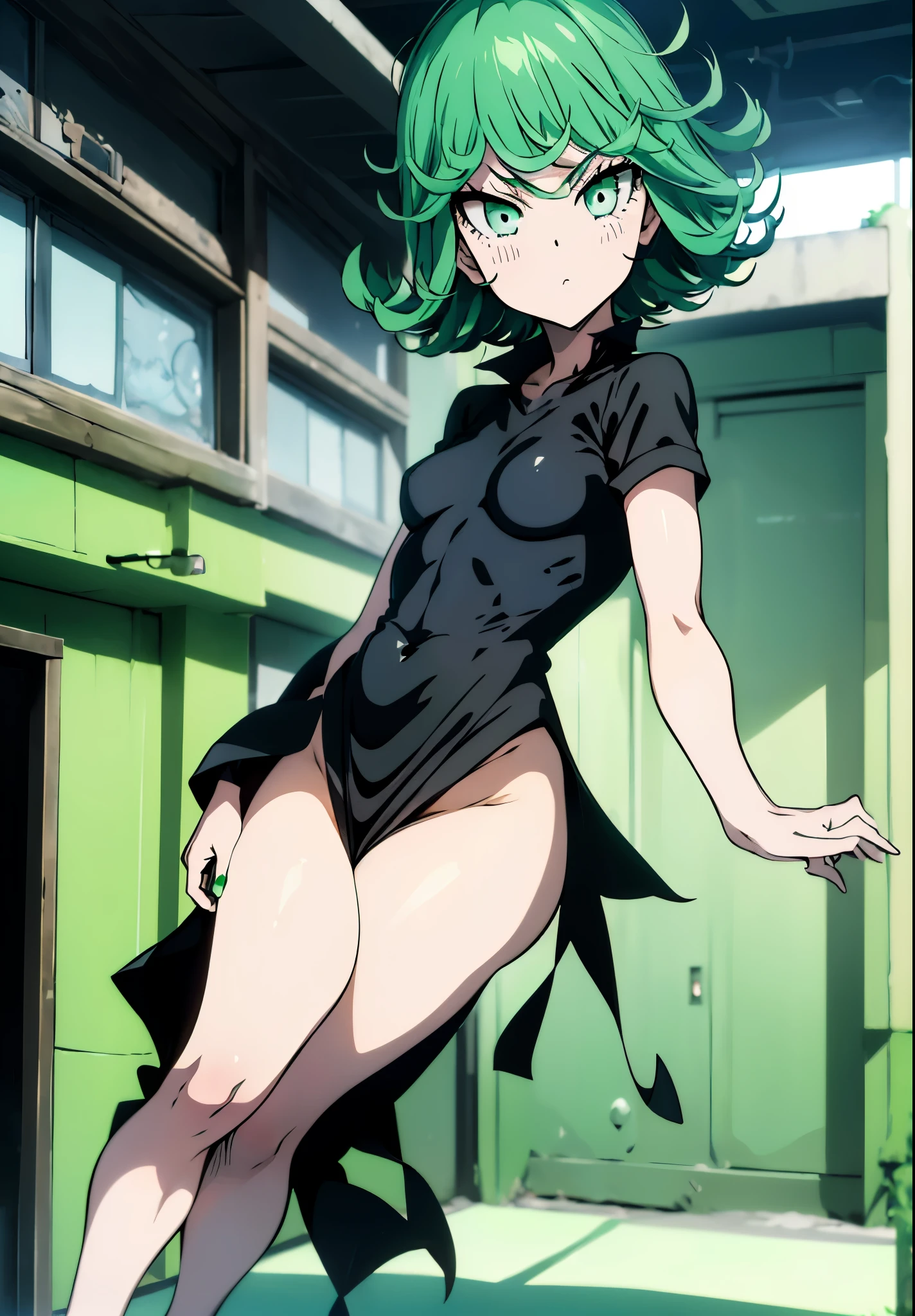 Masterpece, high quality, 1girl, tatsumaki one punch man, green hair, churly hair, green eyes, black wear, black clothes, fullbody, Sexy hentai art, realistic, detail, 8k