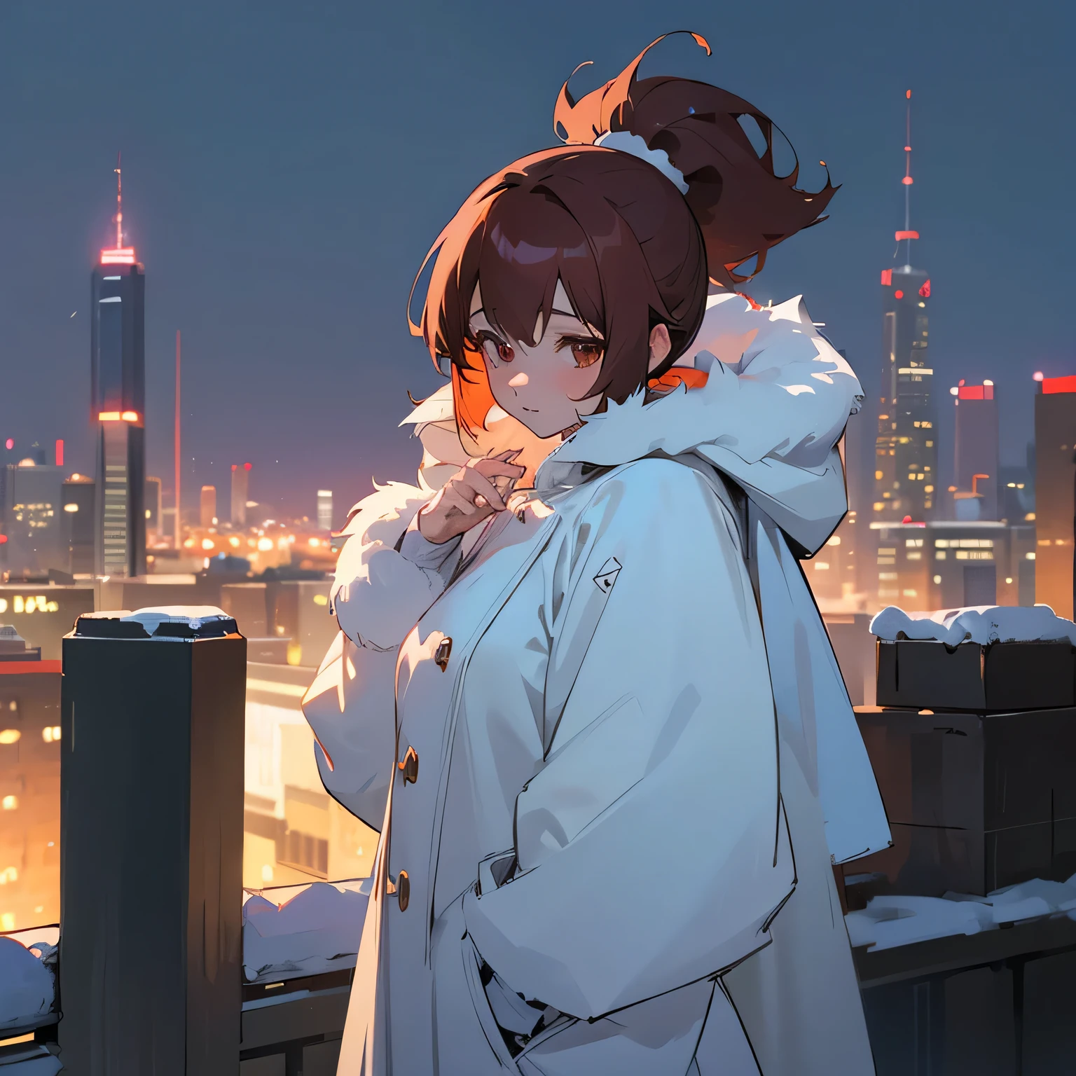 ((Snowy night city)),Anime girl in a long white fur coat, Anime drawn by Yumei, pixiv contest winner, realism, 4k anime wallpaper, anime wallpaper 4k, anime wallpaper 4k, 4k manga wallpaper, anime art wallpaper 4k, anime art wallpaper 4k, anime style 4k, anime art wallpaper 8k, anime girl desktop background、bob cut、ponytail、reddish brown hair、((The background is also anime)) 、city、