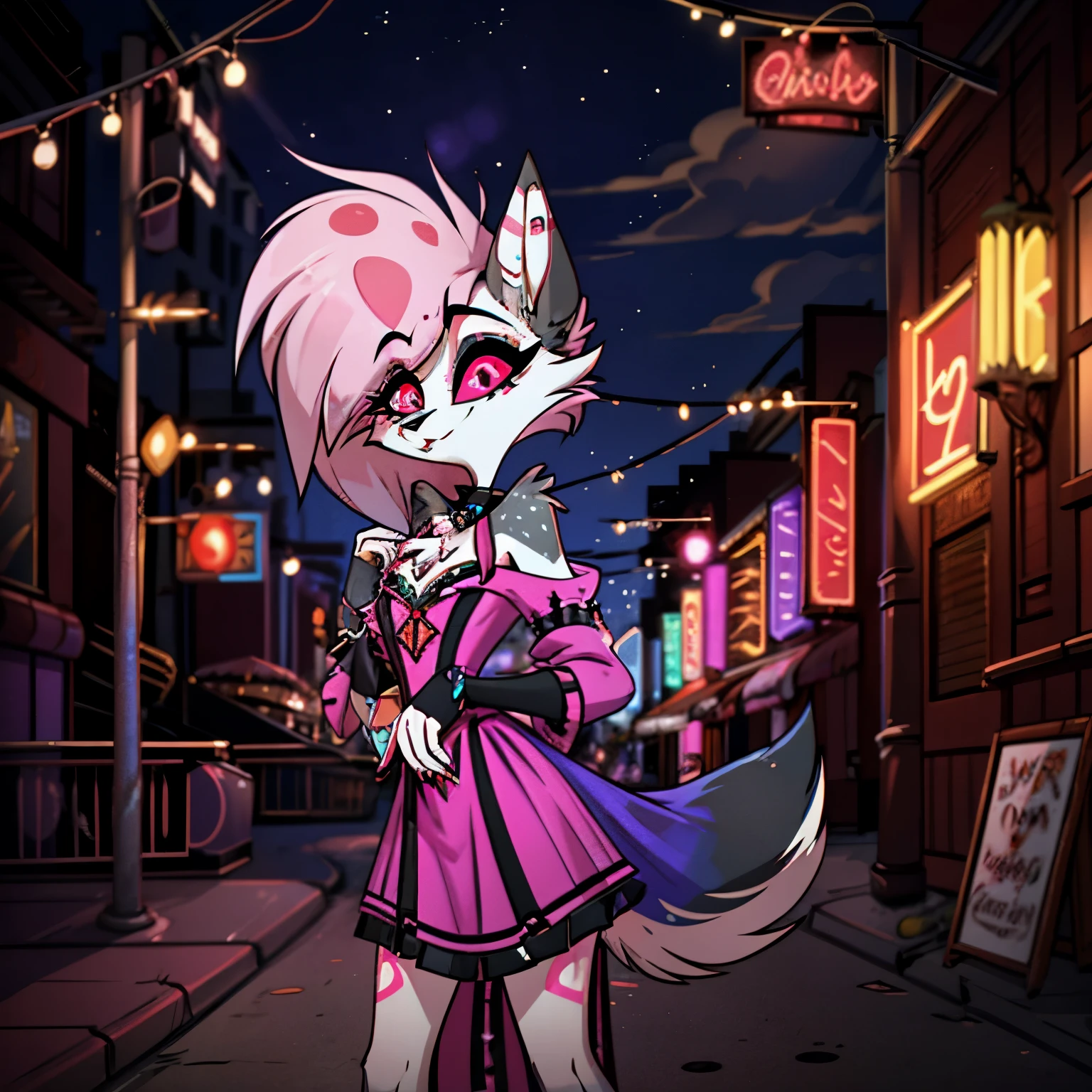 In the solitary realm of Hazbin Hotel, a captivating feminine deer and wolf hybrid demon is the sole character, mesmerizing with her unique presence. Adorned in a color pattern of blue, pink, and black, she combines the elegance of a deer with the fierce allure of a wolf. Embracing 1970s Chicago fashion, she exudes a stylish vibe, donning a colorful maxi dress with bold patterns, and flared sleeves. Against the vibrant backdrop of bustling city streets, her presence, accentuated by her striking blue, pink, and black color pattern, adds a captivating allure as the lone embodiment of style in the world of Hazbin Hotel. ((solo)), ((1character))