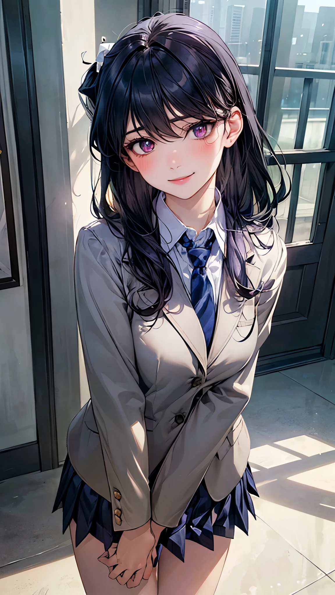 (masterpiece:1.2, top-quality), (realistic, photorealistic:1.4), beautiful illustration, (natural side lighting, movie lighting), nsfw, 
looking at viewer, 1 girl, japanese, high school girl, perfect face, cute and symmetrical face, shiny skin, 
(long hair:1.5, ponytail:1.4, black hair), hair between eyes, purple eyes, glowing eyes, big eyes, long eye lasher, (medium breasts), slender, 
beautiful hair, beautiful face, beautiful detailed eyes, beautiful clavicle, beautiful body, beautiful chest, beautiful thigh, beautiful legs, beautiful fingers, 
((komi_sch, white school jacket, white collared shirts, navy pleated mini skirt), navy tie), 
(beautiful scenery), evening, (school),, standing, (lovely smile, upper eyes), 