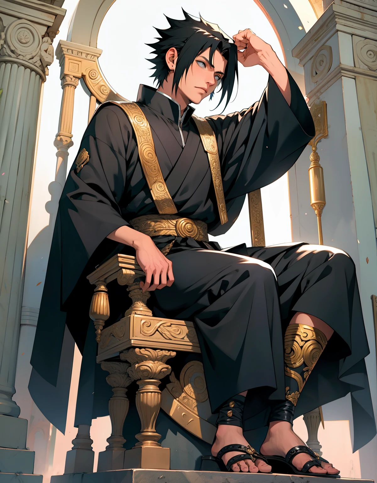 1 homem, fantasiada de deus do olimpo, ares, strong emotions, sasuke, black hair, luz, foco, corpo inteiro, roupas douradas roupas romanas, olimpo, trono, adornos dourados, riqueza