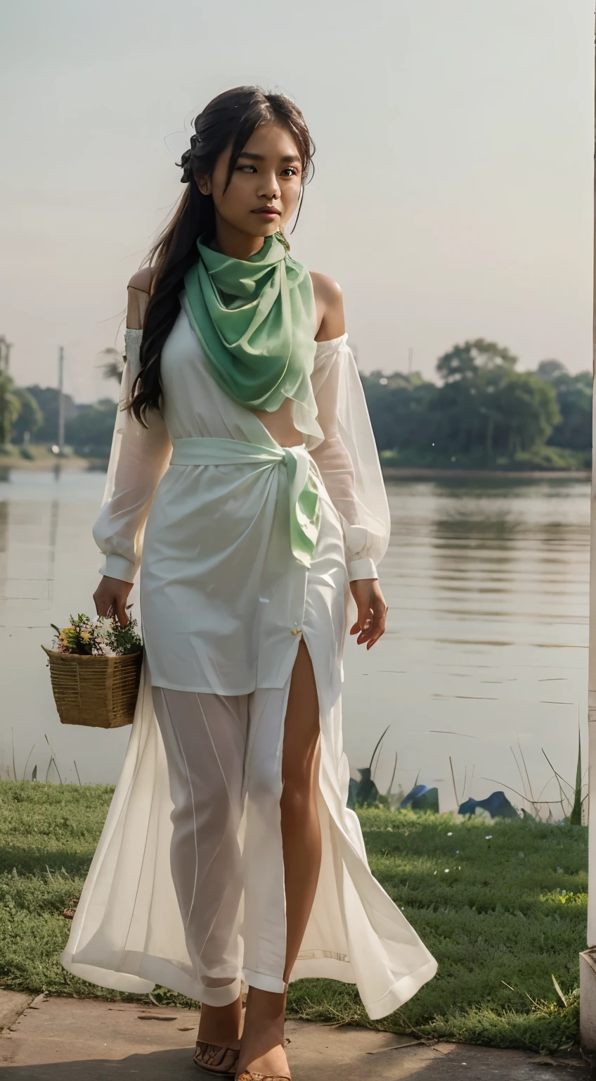 Generate a high-resolution, full-body shot image of a young Burmese girl elegantly dressed in a casual dress white long sleeve top and plain dark green Hta-Mein, a green transparent scarf symmetrically perch on shoulders, a flower on her hair knot , Ensure she embodies grace and poise while standing in a serene, culturally rich setting. The image should showcase intricate floral pattern details and exude an atmosphere of timeless beauty.