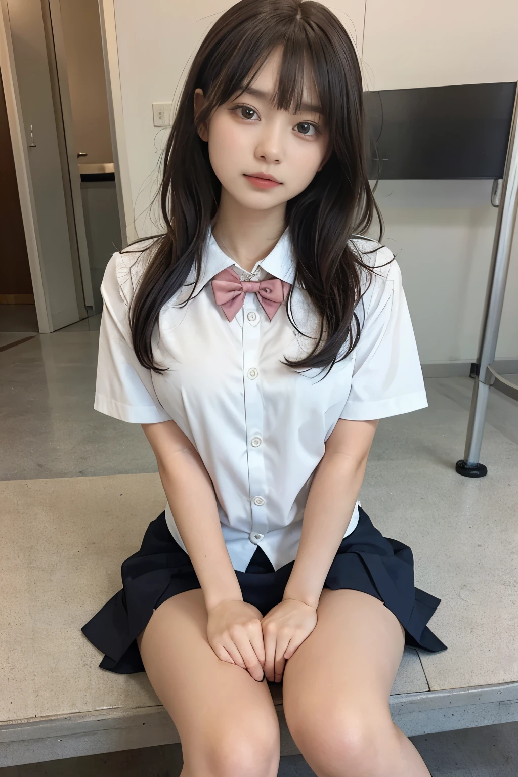 wearing short skirt、Alafid asian woman wearing bow tie sitting on train, cute schoolgirl, japanese schoolgirl, wearing japanese school uniform, japanese school uniform, a hyperactual schoolgirl, Dress up as a schoolgirl, hyperactual schoolgirl, Wearing school uniform, actual , girl wearing, Wearing school uniform, one poses, whole body, Good skin, glowing skin, beautiful thighs,glowing thighs, Glowing legs, (())