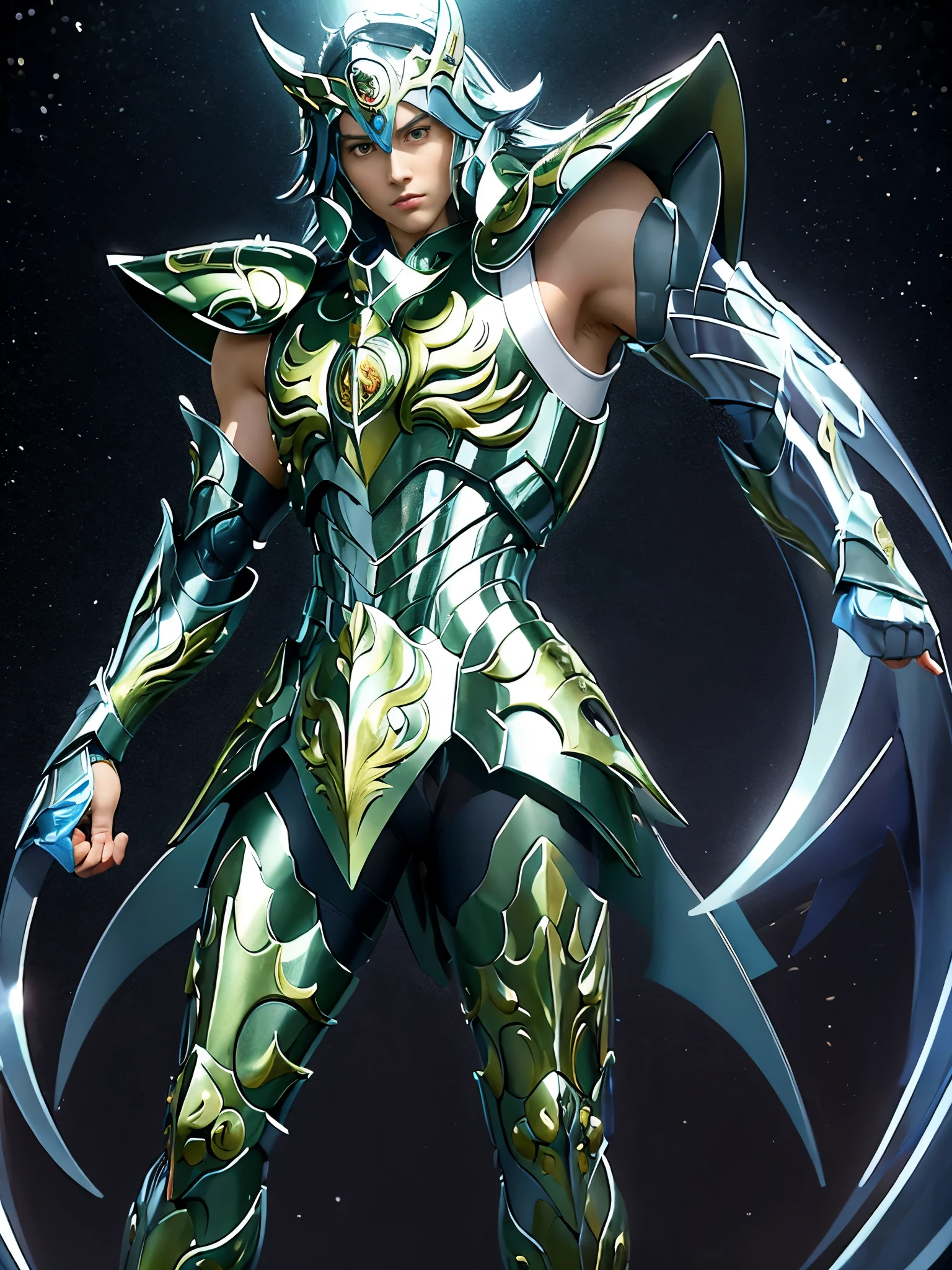 Ultra-high saturation, (tmasterpiece), full body photo, (best quality), (1 handsome man), starry sky background, Wearing shiny gold armor, armor type armor shows details of your muscles, showing the belt, showing the armor thigh protector, cool pose, Saint Seiya Armor, messy hair, high detail, Anime style, Cinematic lighting, Glitter, god light, Ray traching, filmgrain, hyper HD, skin texture, super detail, Anatomically correct, High resolution, Saturation ultra-high, High contrast, High-shiny green armor, Smooth skin, Serious expression