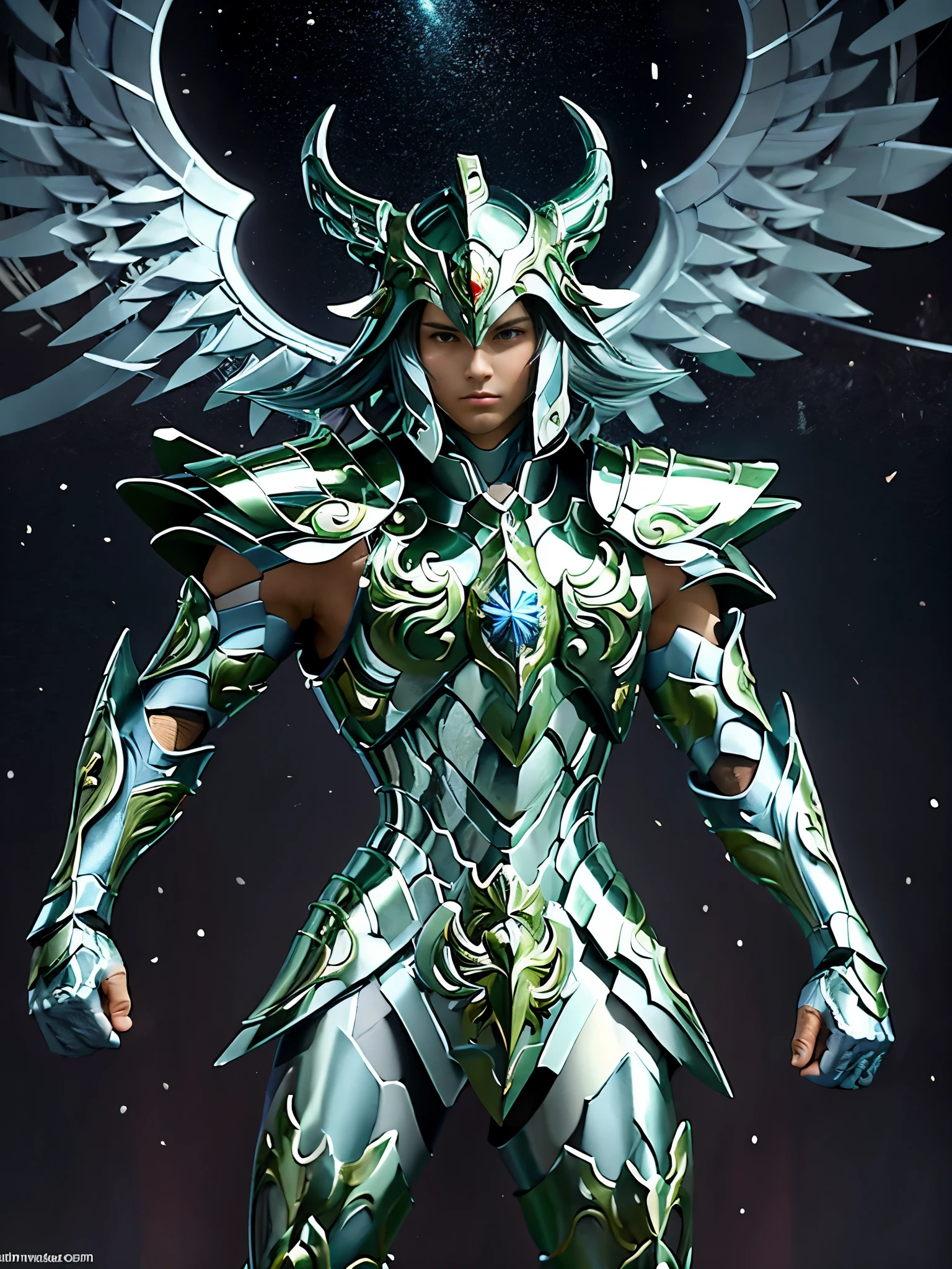 Ultra-high saturation, (tmasterpiece), full body photo, (best quality), (1 handsome man), starry sky background, Wearing shiny gold armor, armor type armor shows details of your muscles, showing the belt, showing the armor thigh protector, cool pose, Saint Seiya Armor, messy hair, high detail, Anime style, Cinematic lighting, Glitter, god light, Ray traching, filmgrain, hyper HD, skin texture, super detail, Anatomically correct, High resolution, Saturation ultra-high, High contrast, High-shiny green armor, Smooth skin, Serious expression