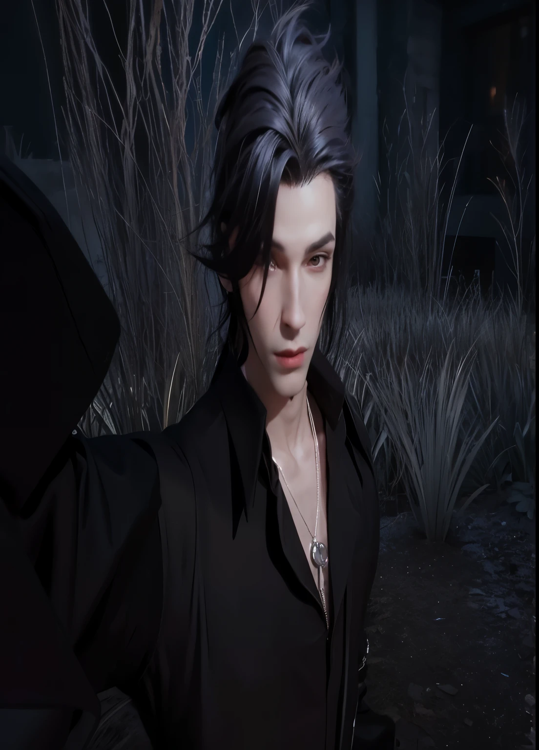 Prince of Darkness with a black coat and a black hat, handsome male vampire, androgynous vampire realistic